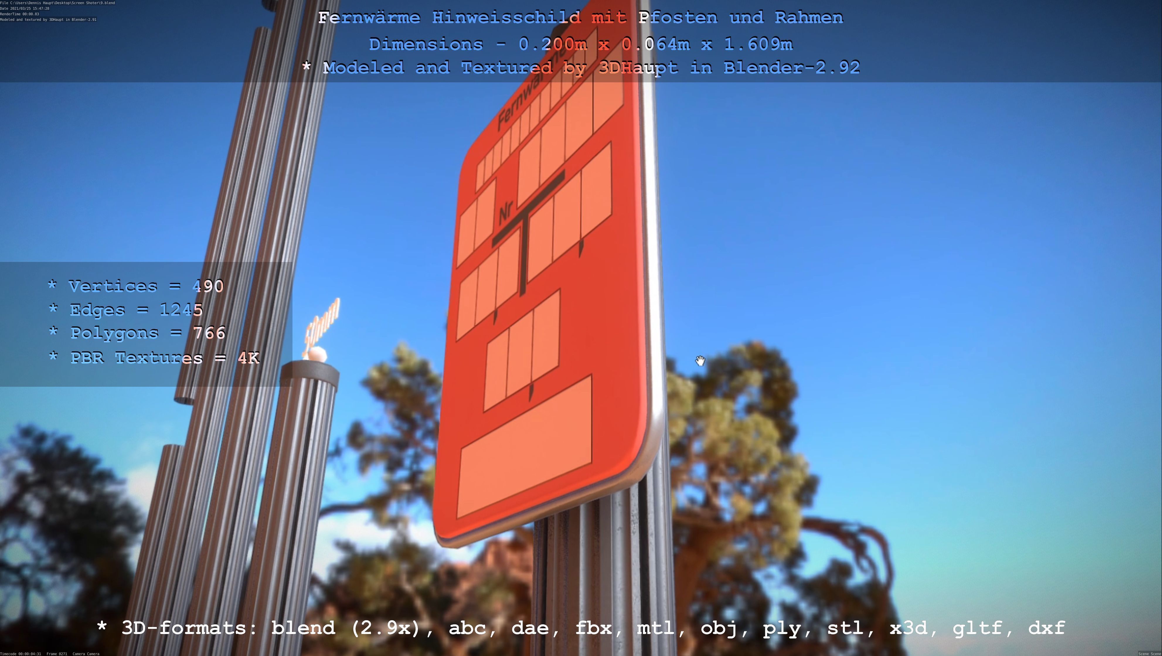 Hinweisschild Fernwaeme mit Pfosten und Rahmen Low-poly 3D model_95