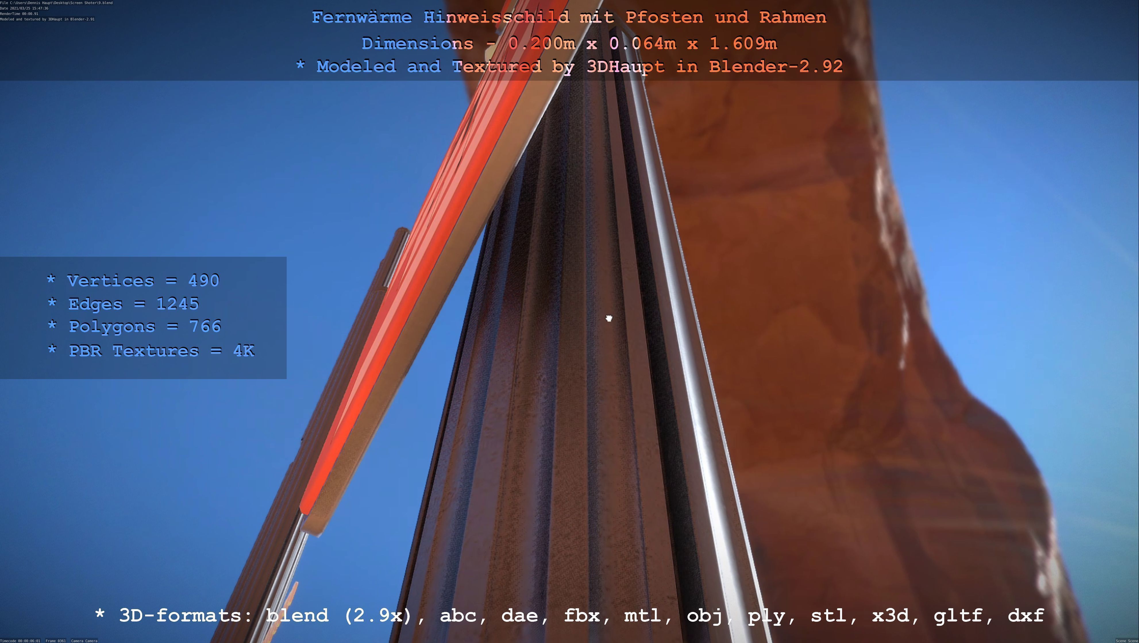 Hinweisschild Fernwaeme mit Pfosten und Rahmen Low-poly 3D model_88