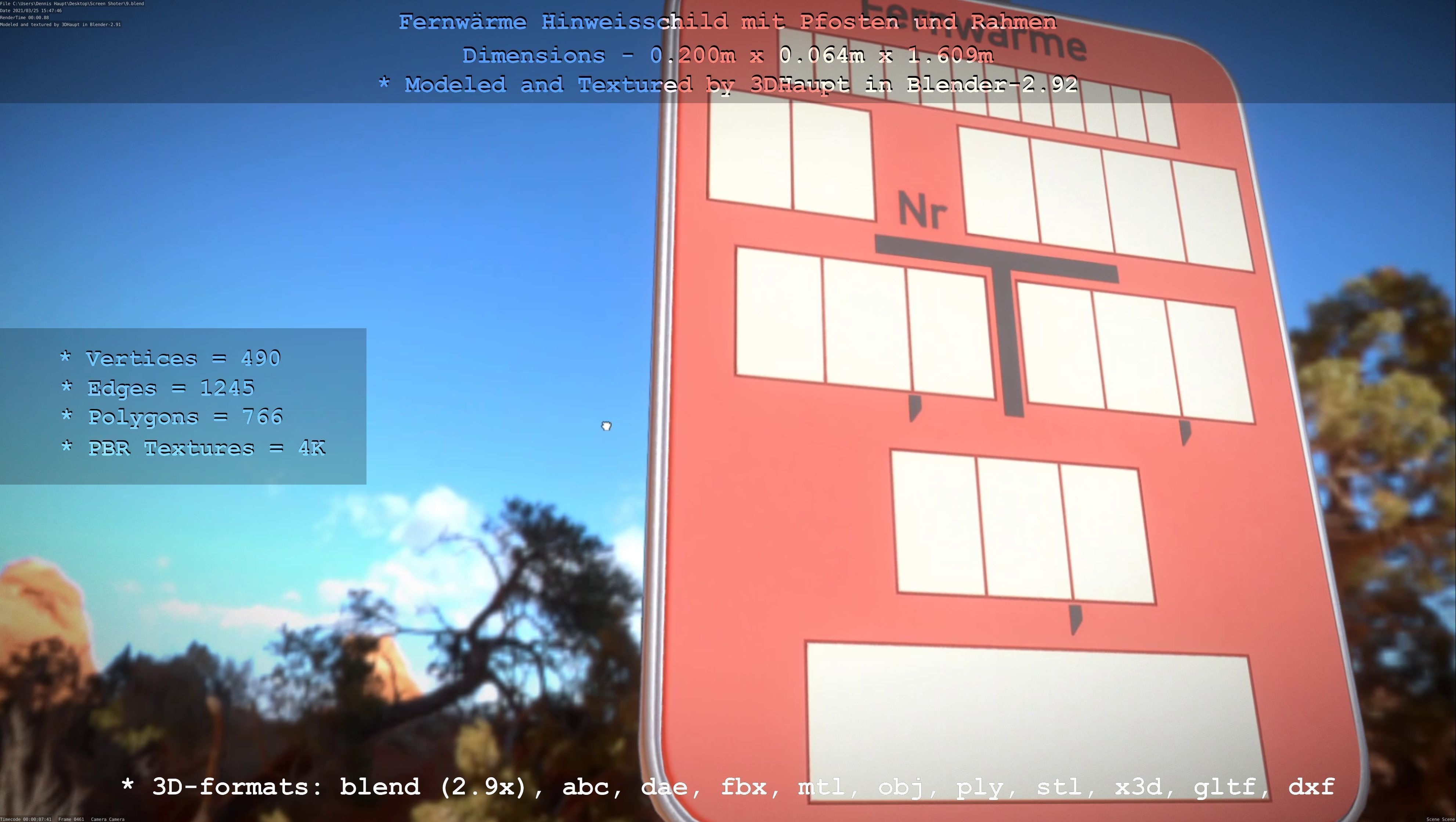 Hinweisschild Fernwaeme mit Pfosten und Rahmen Low-poly 3D model_101