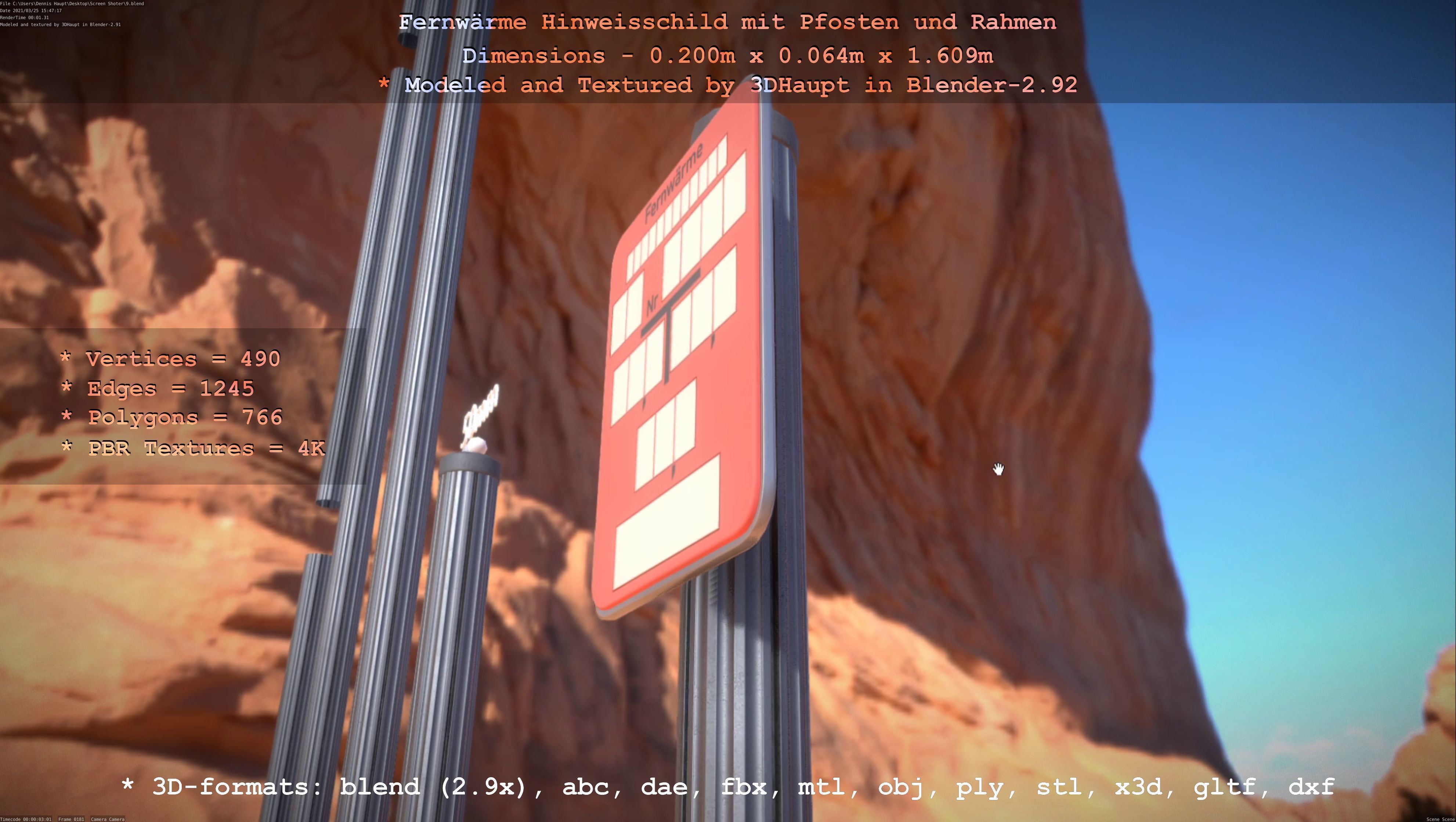 Hinweisschild Fernwaeme mit Pfosten und Rahmen Low-poly 3D model_73