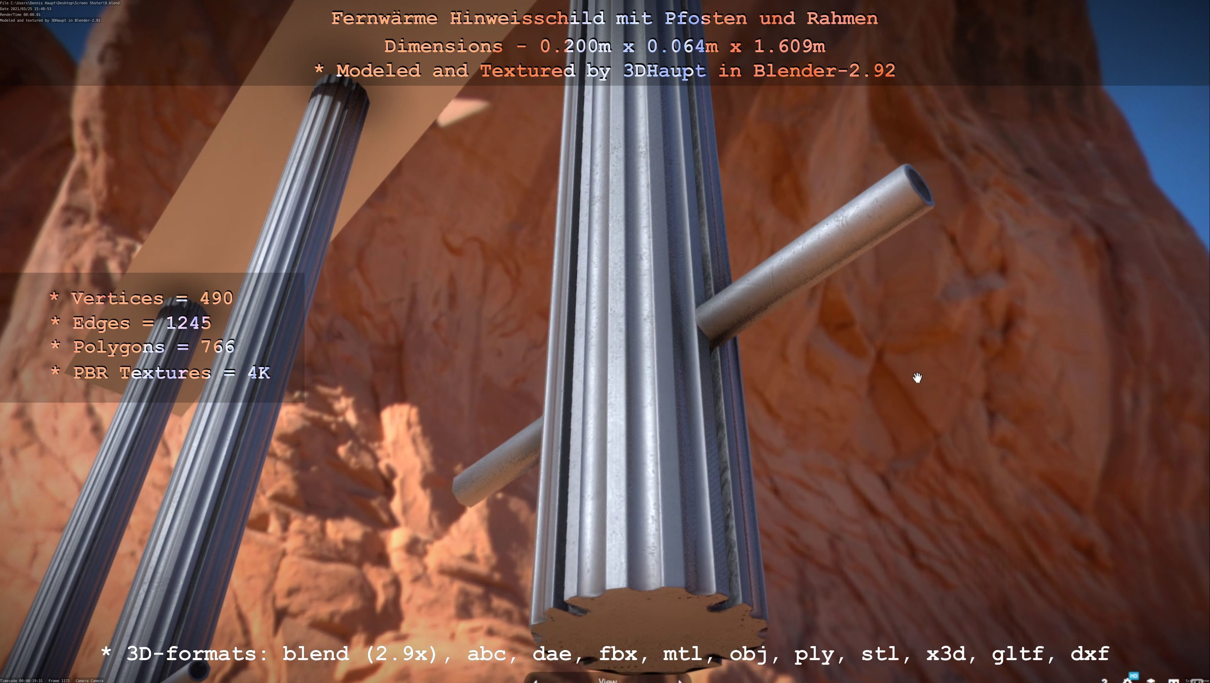 Hinweisschild Fernwaeme mit Pfosten und Rahmen Low-poly 3D model_4