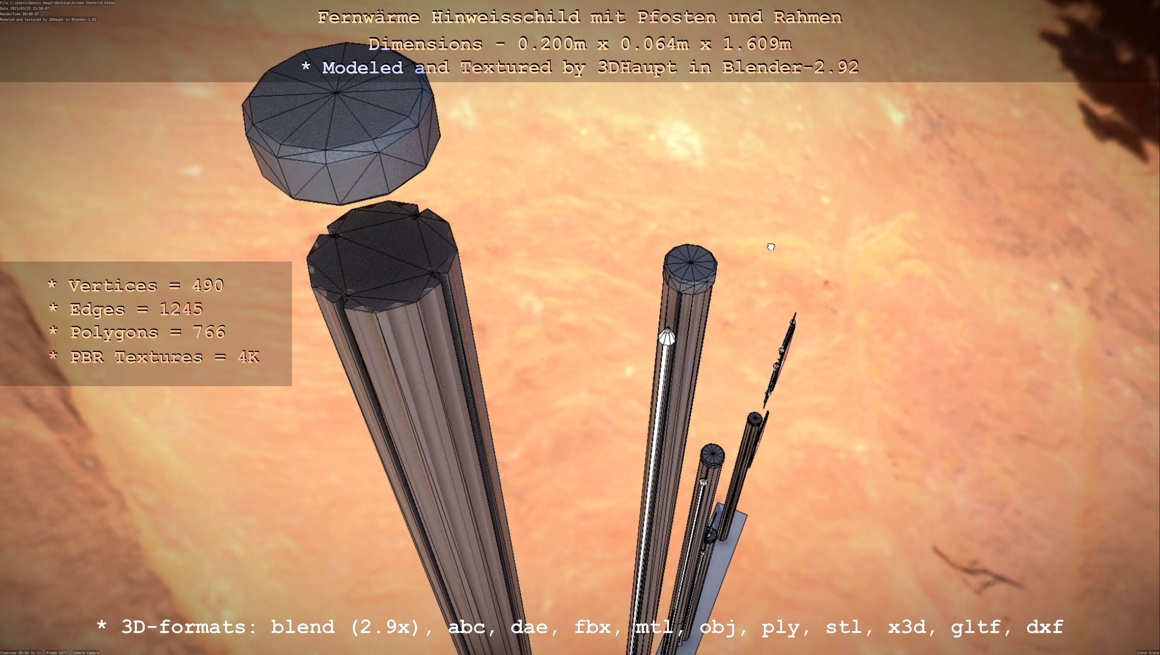 Hinweisschild Fernwaeme mit Pfosten und Rahmen Low-poly 3D model_87