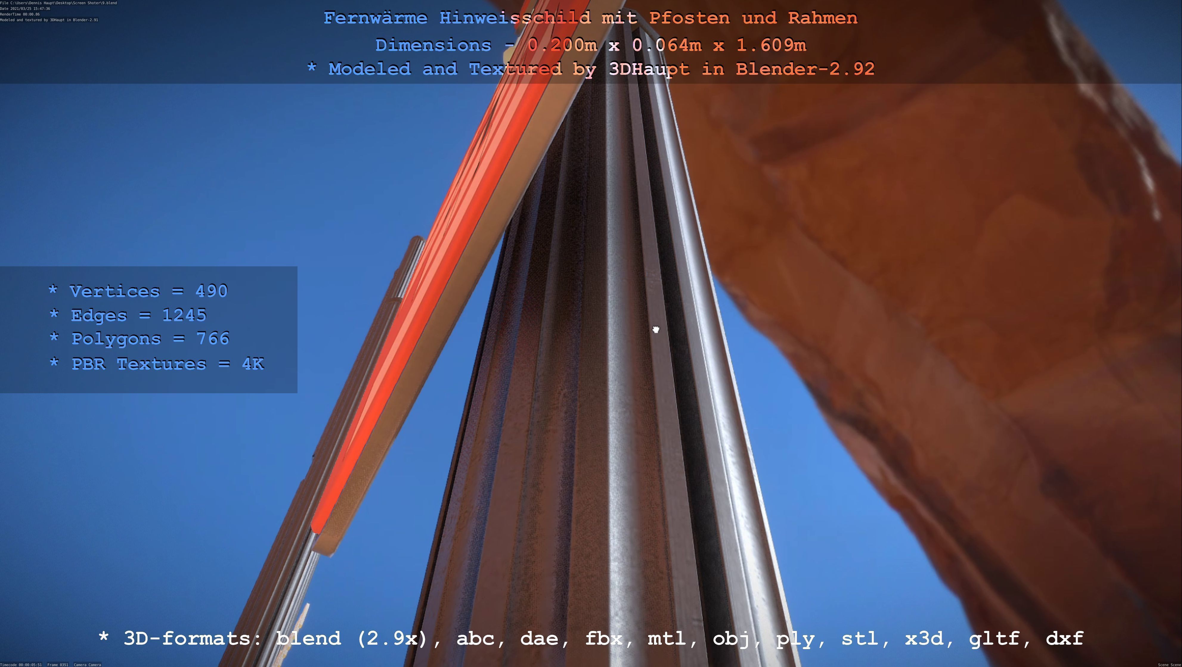 Hinweisschild Fernwaeme mit Pfosten und Rahmen Low-poly 3D model_85