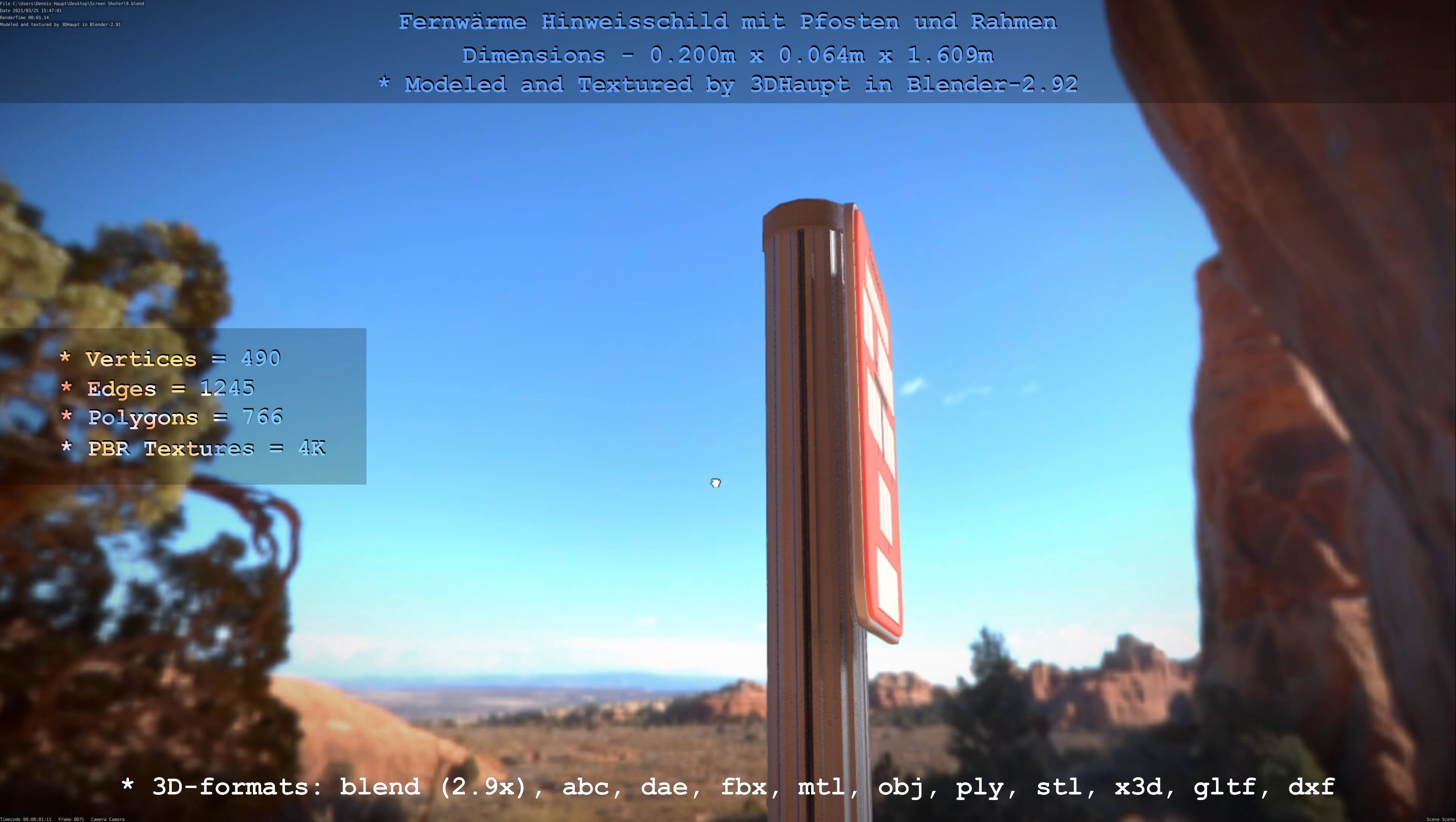 Hinweisschild Fernwaeme mit Pfosten und Rahmen Low-poly 3D model_20