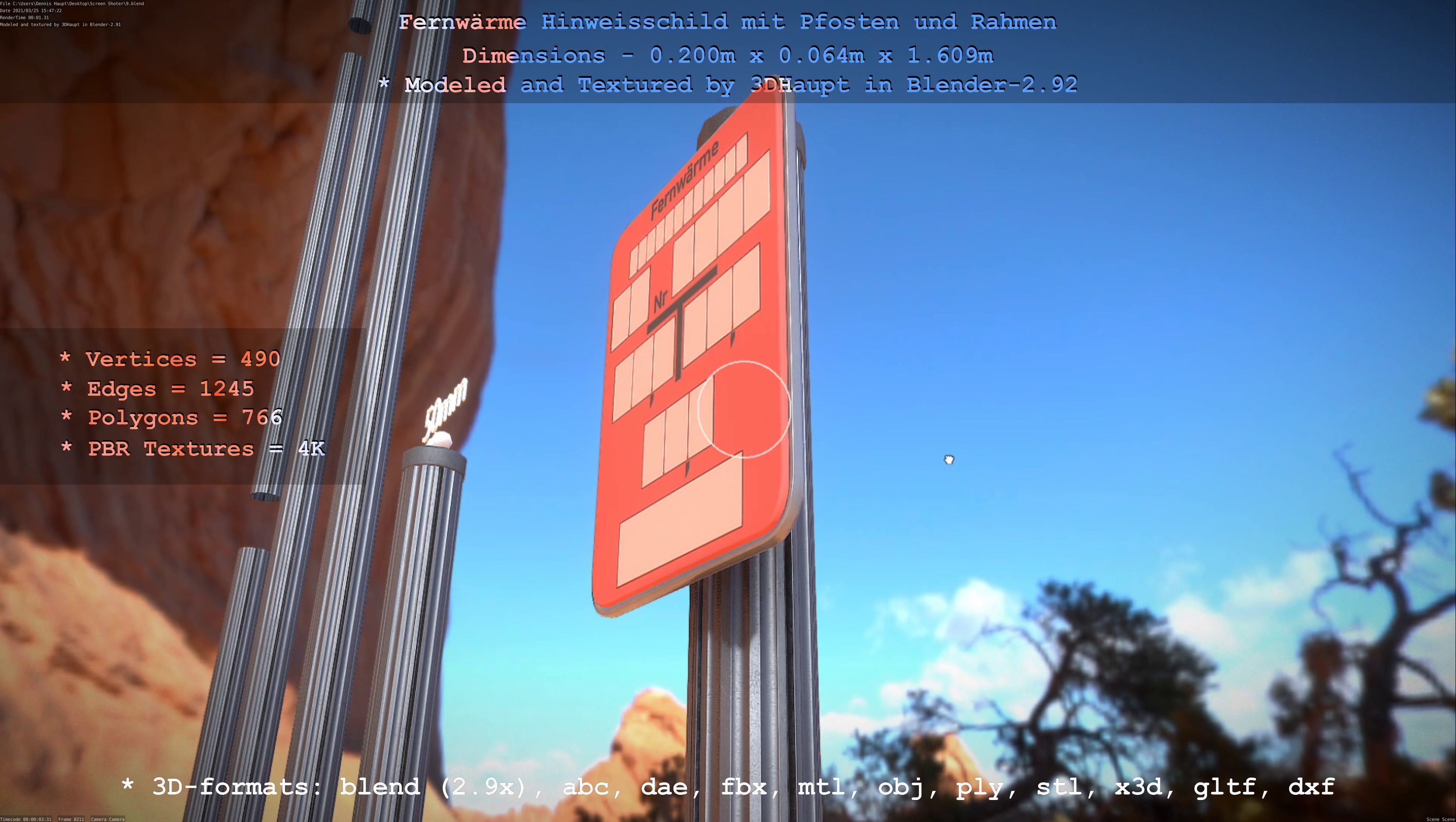 Hinweisschild Fernwaeme mit Pfosten und Rahmen Low-poly 3D model_26
