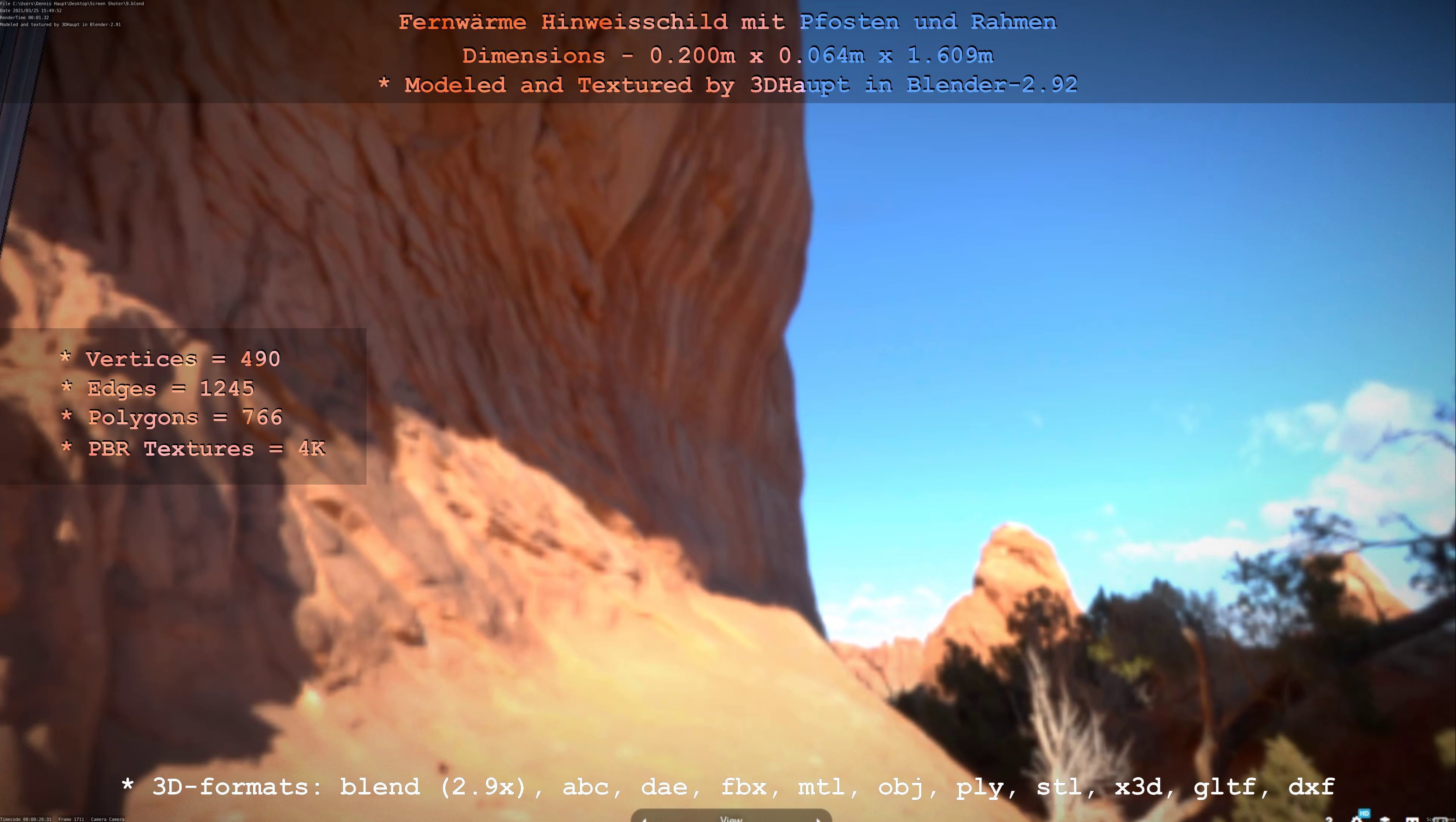 Hinweisschild Fernwaeme mit Pfosten und Rahmen Low-poly 3D model_79