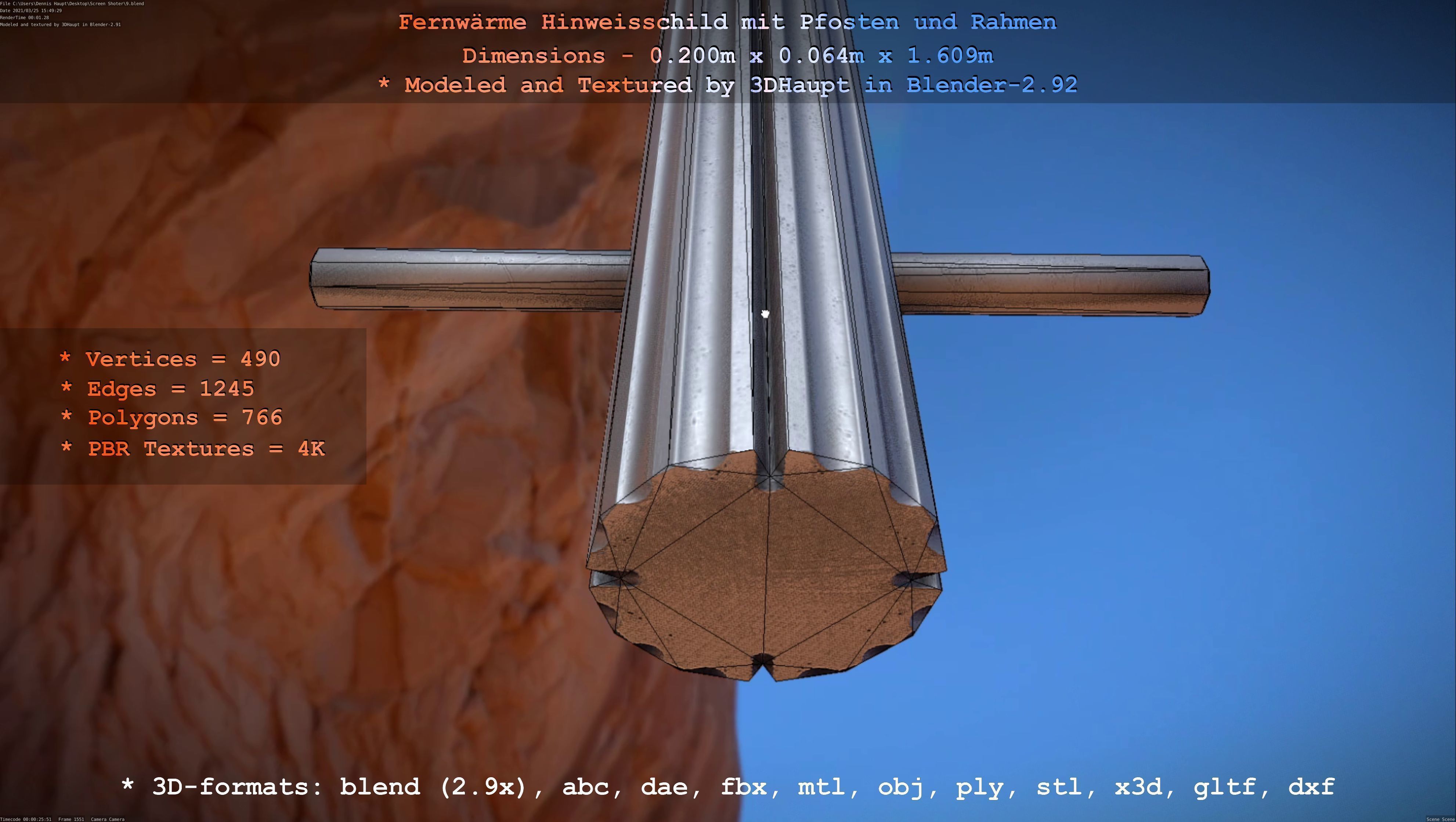 Hinweisschild Fernwaeme mit Pfosten und Rahmen Low-poly 3D model_40