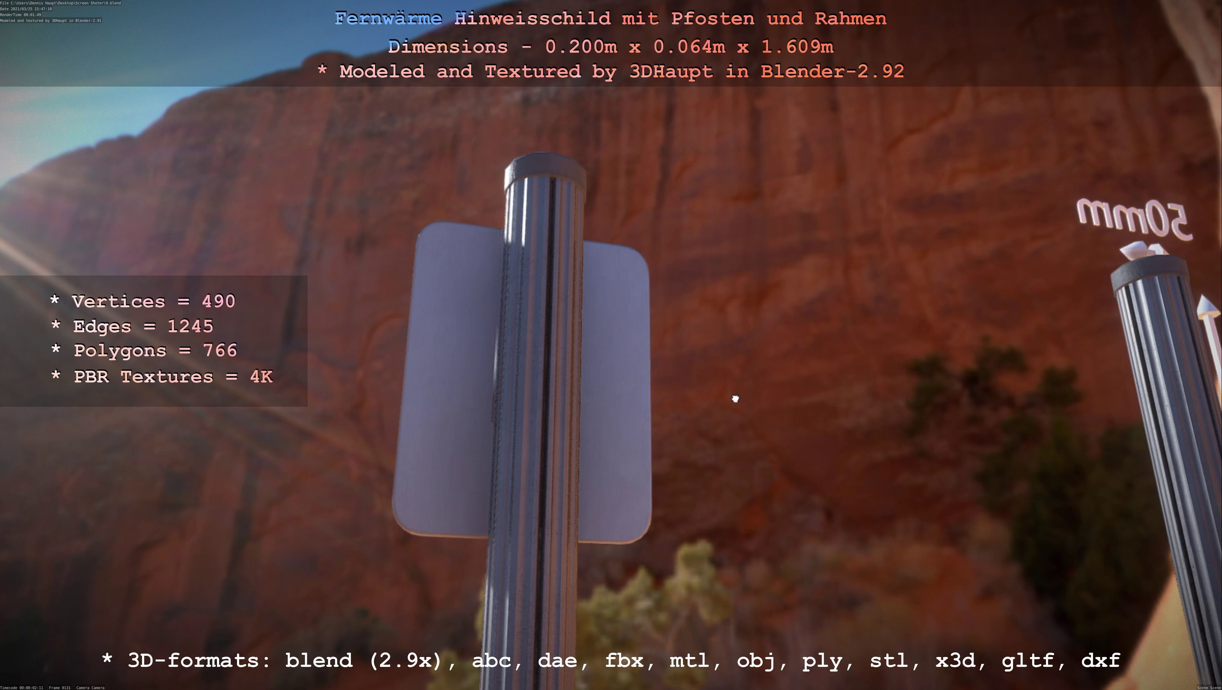 Hinweisschild Fernwaeme mit Pfosten und Rahmen Low-poly 3D model_22