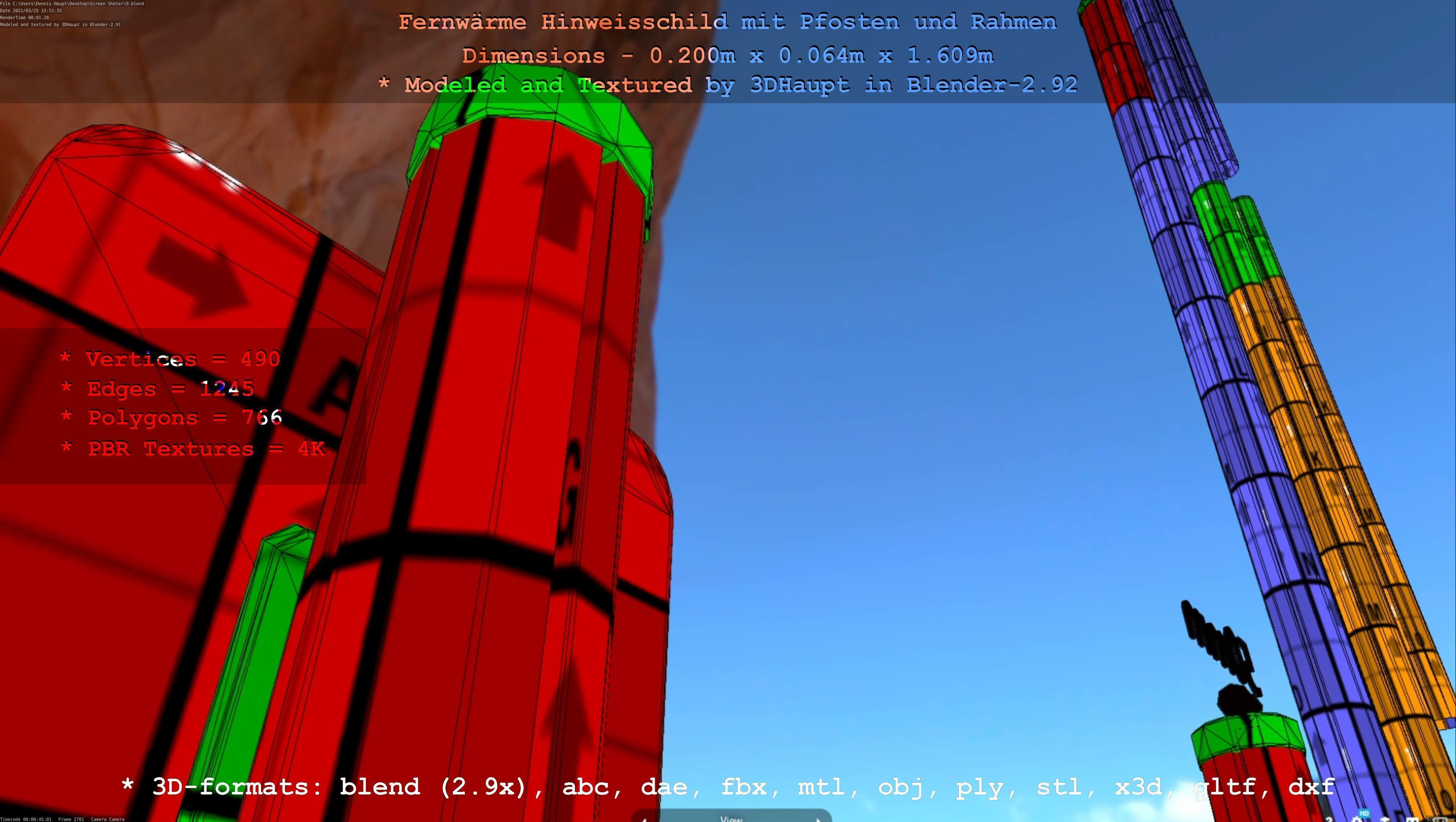 Hinweisschild Fernwaeme mit Pfosten und Rahmen Low-poly 3D model_80