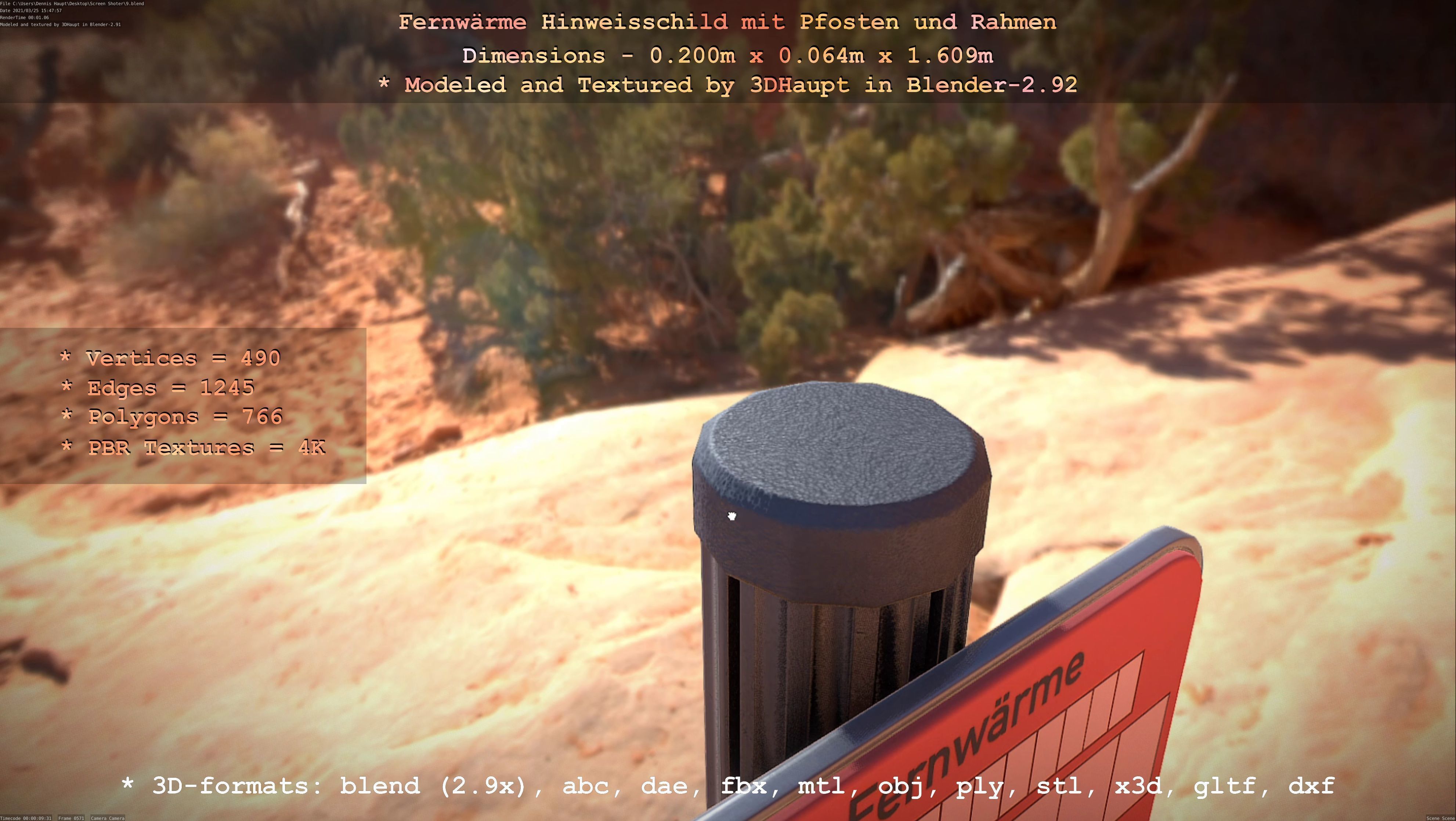 Hinweisschild Fernwaeme mit Pfosten und Rahmen Low-poly 3D model_31