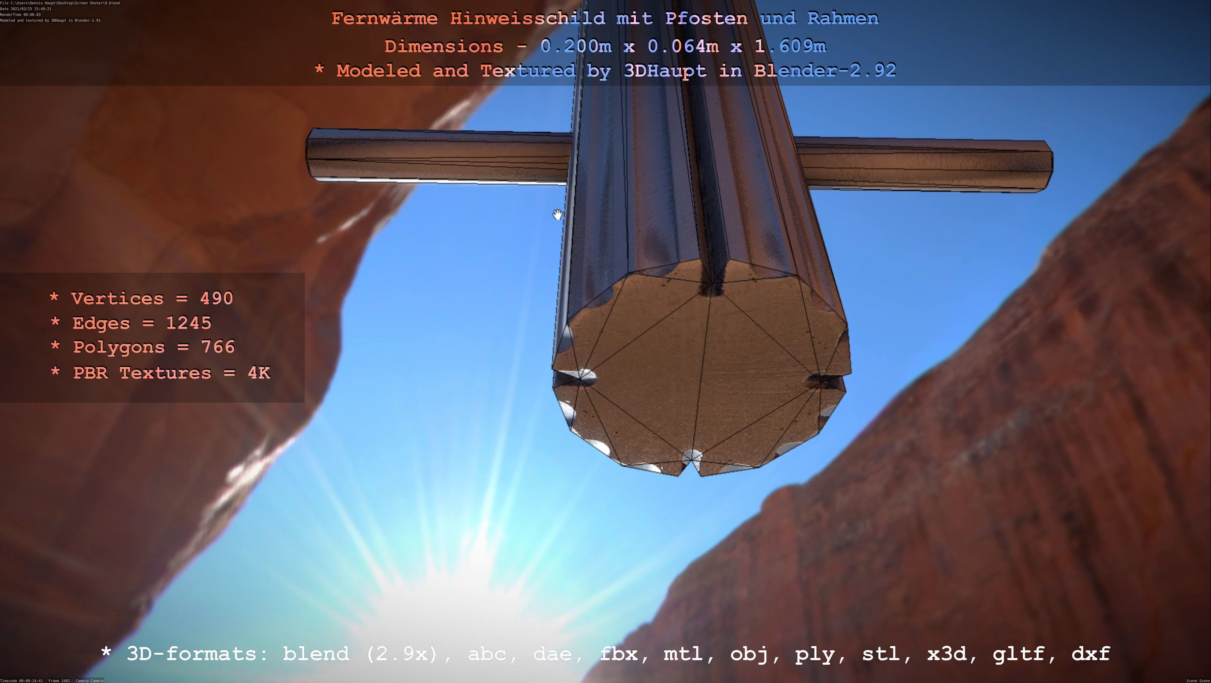 Hinweisschild Fernwaeme mit Pfosten und Rahmen Low-poly 3D model_41