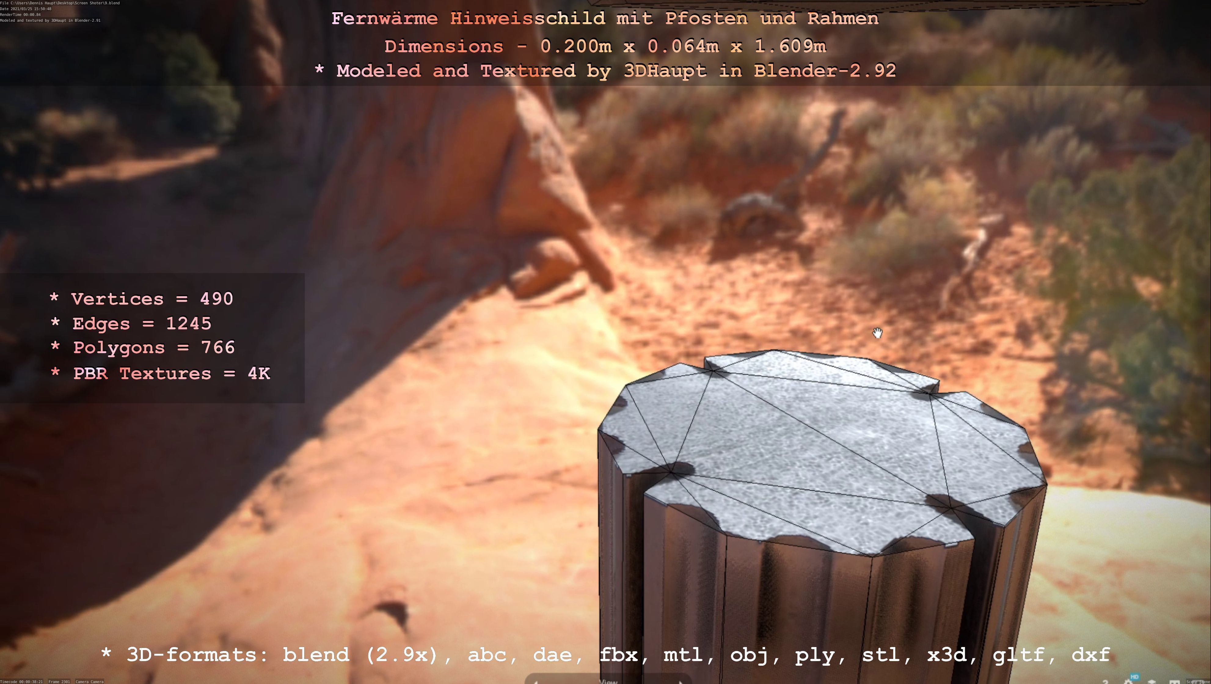 Hinweisschild Fernwaeme mit Pfosten und Rahmen Low-poly 3D model_82