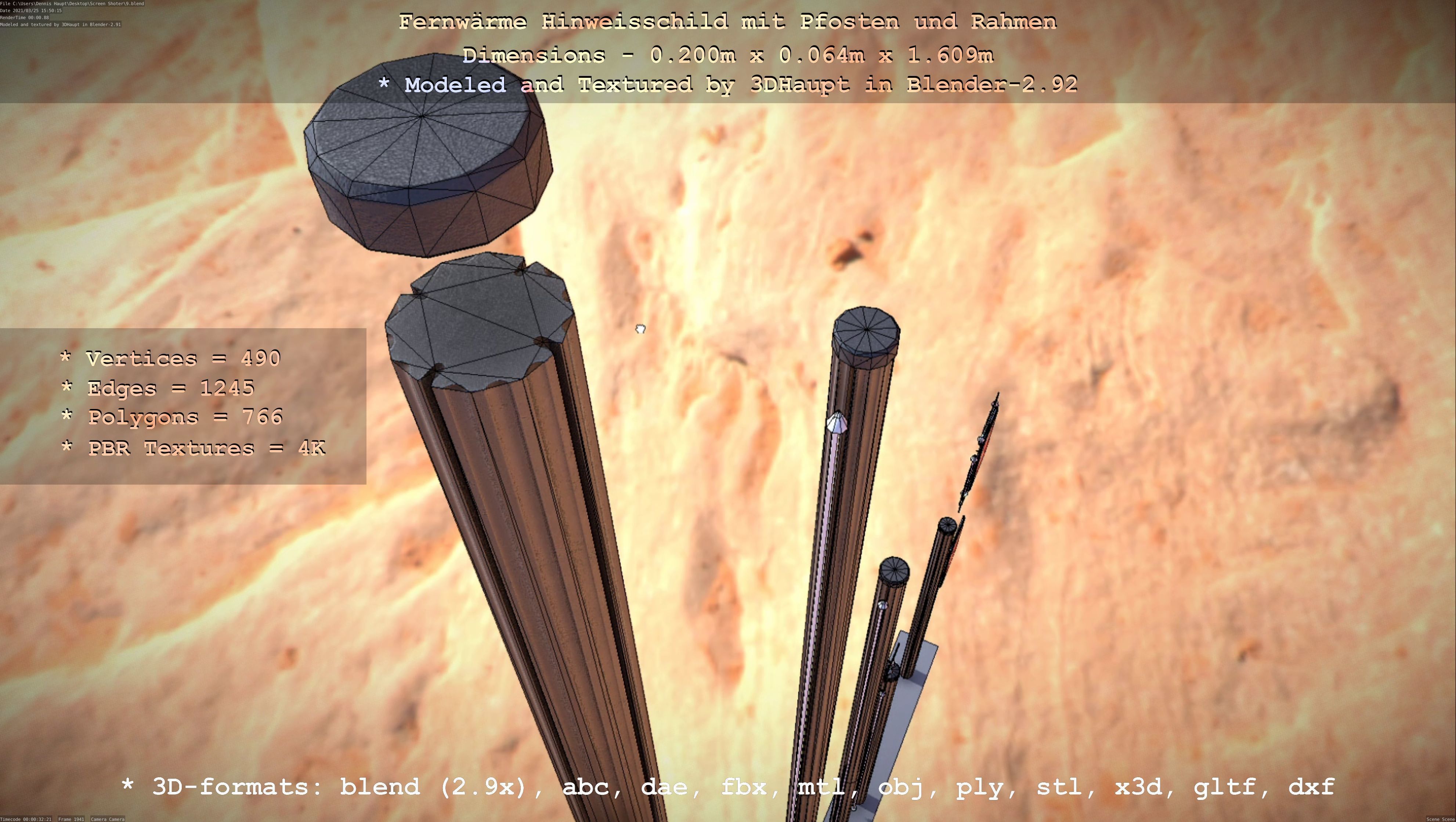 Hinweisschild Fernwaeme mit Pfosten und Rahmen Low-poly 3D model_51