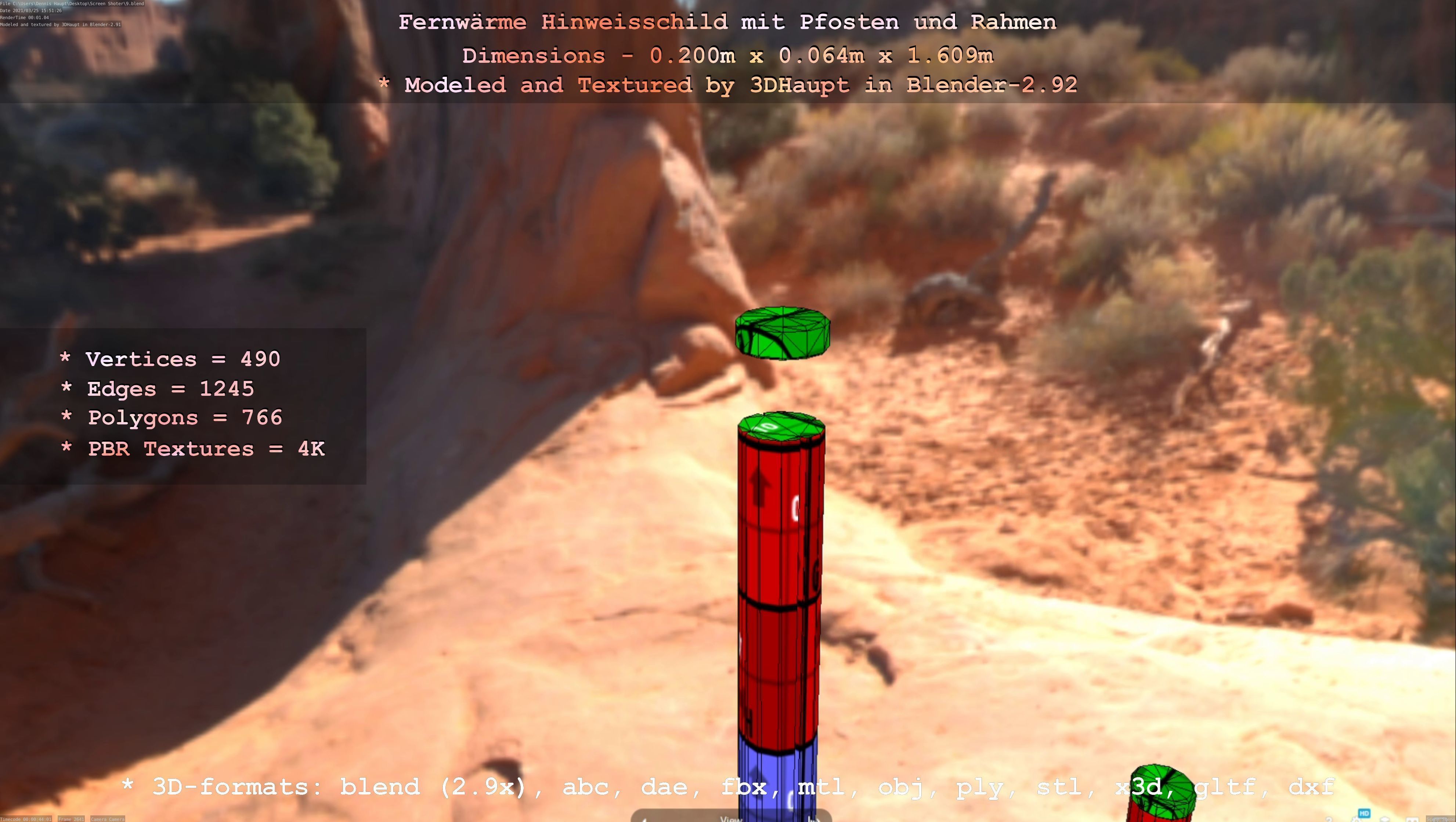 Hinweisschild Fernwaeme mit Pfosten und Rahmen Low-poly 3D model_45