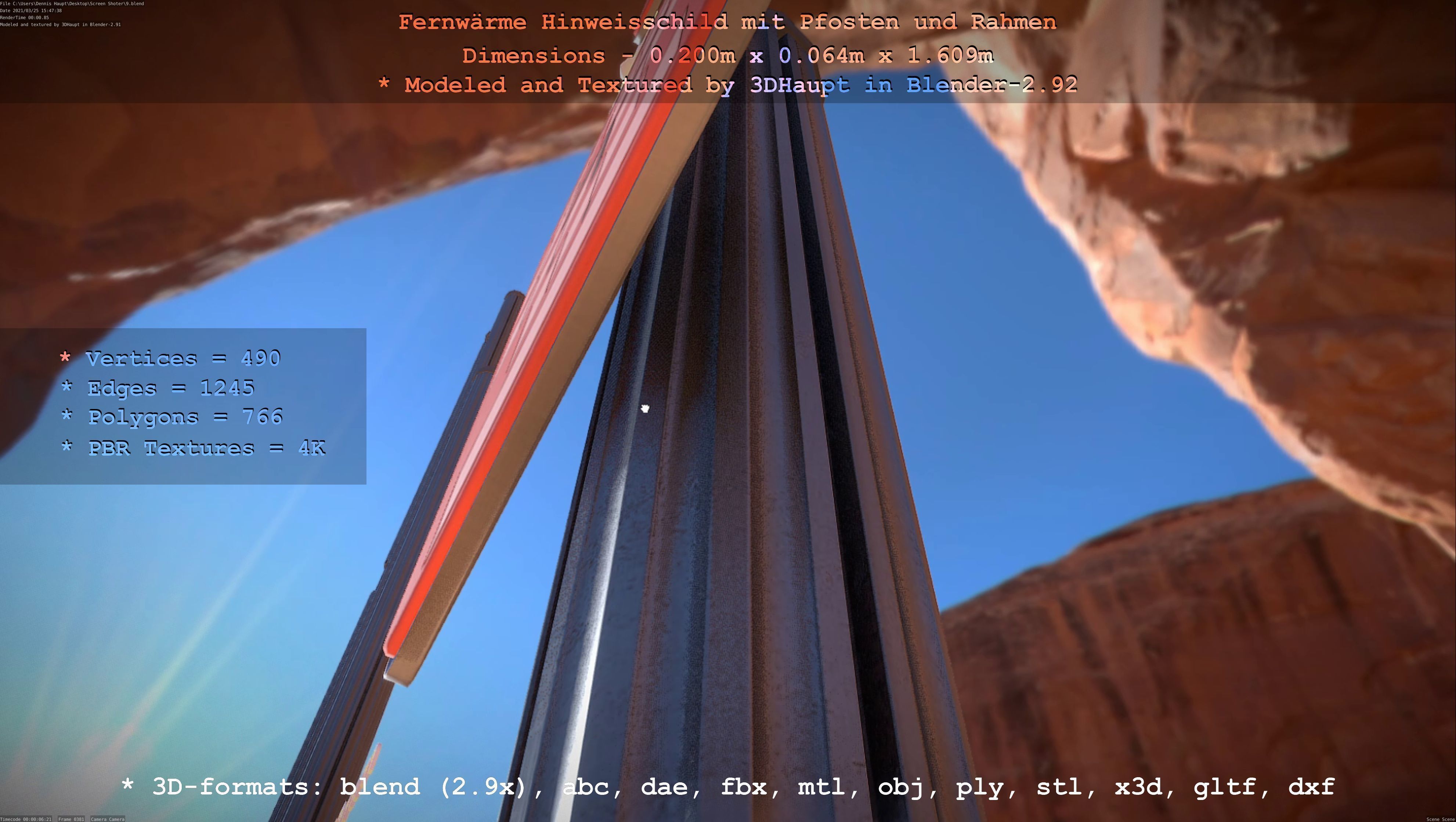 Hinweisschild Fernwaeme mit Pfosten und Rahmen Low-poly 3D model_98