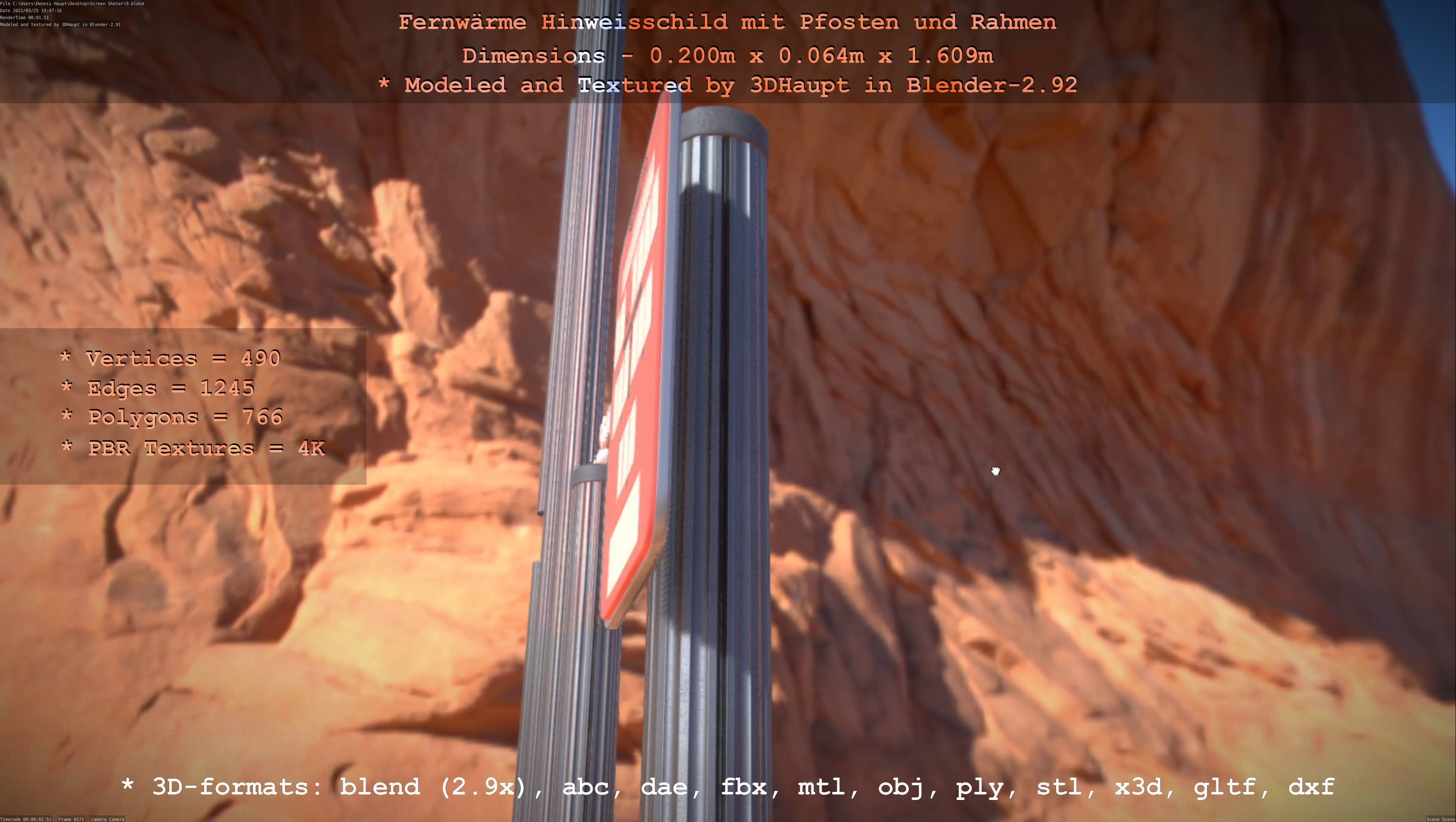 Hinweisschild Fernwaeme mit Pfosten und Rahmen Low-poly 3D model_25