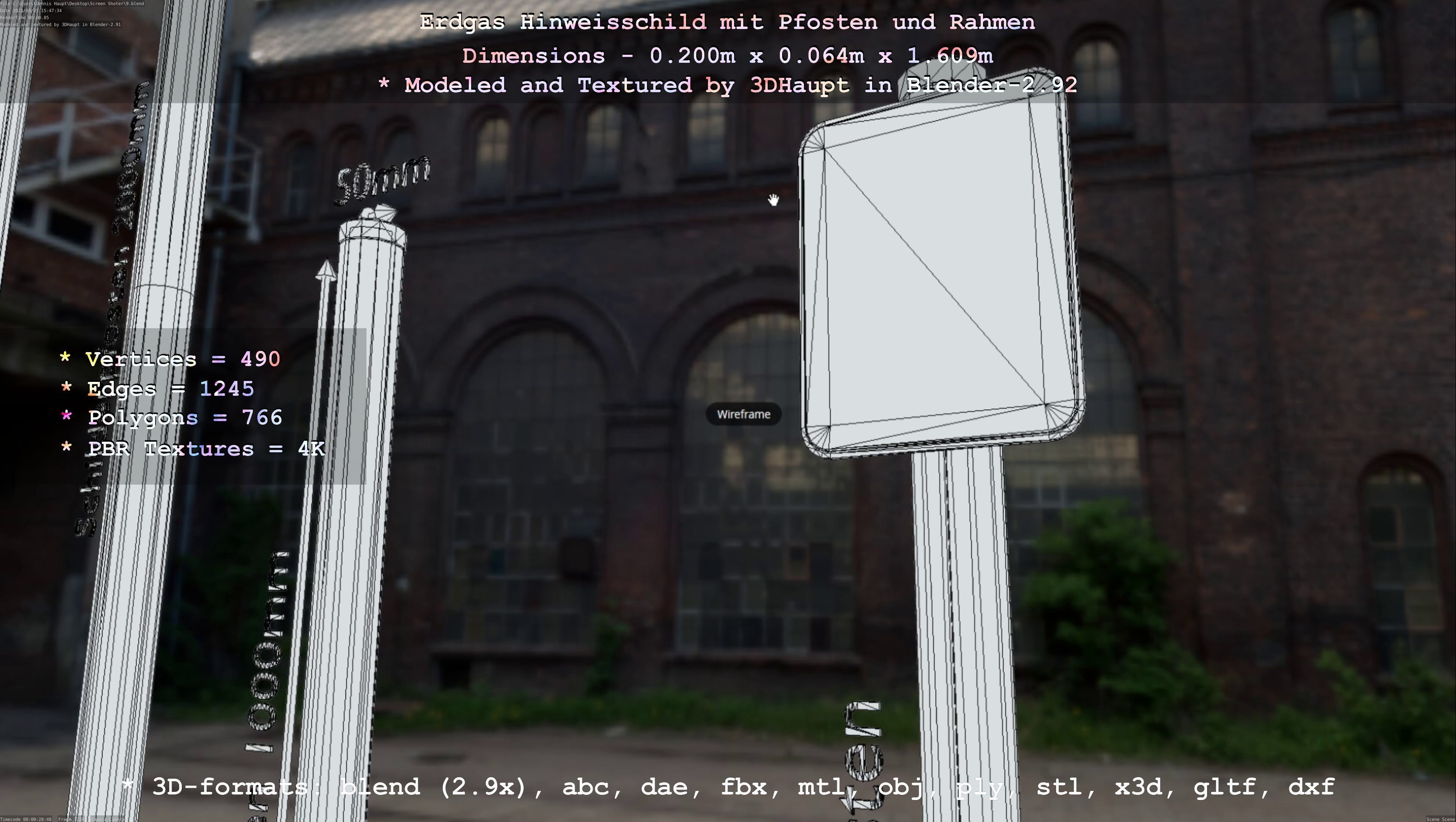 Hinweisschild Erdgas mit Pfosten und Rahmen Low-poly 3D model_36