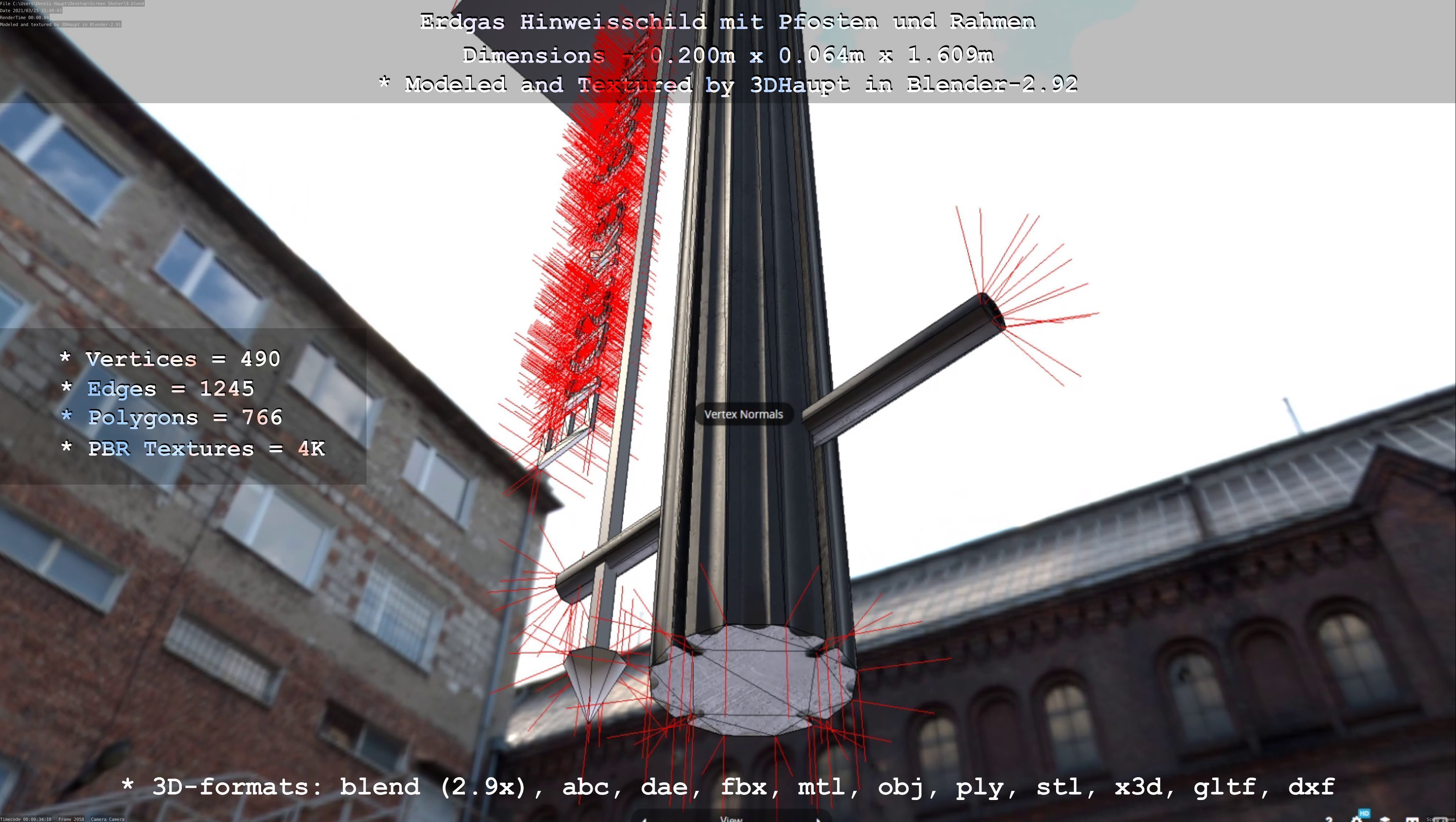 Hinweisschild Erdgas mit Pfosten und Rahmen Low-poly 3D model_3