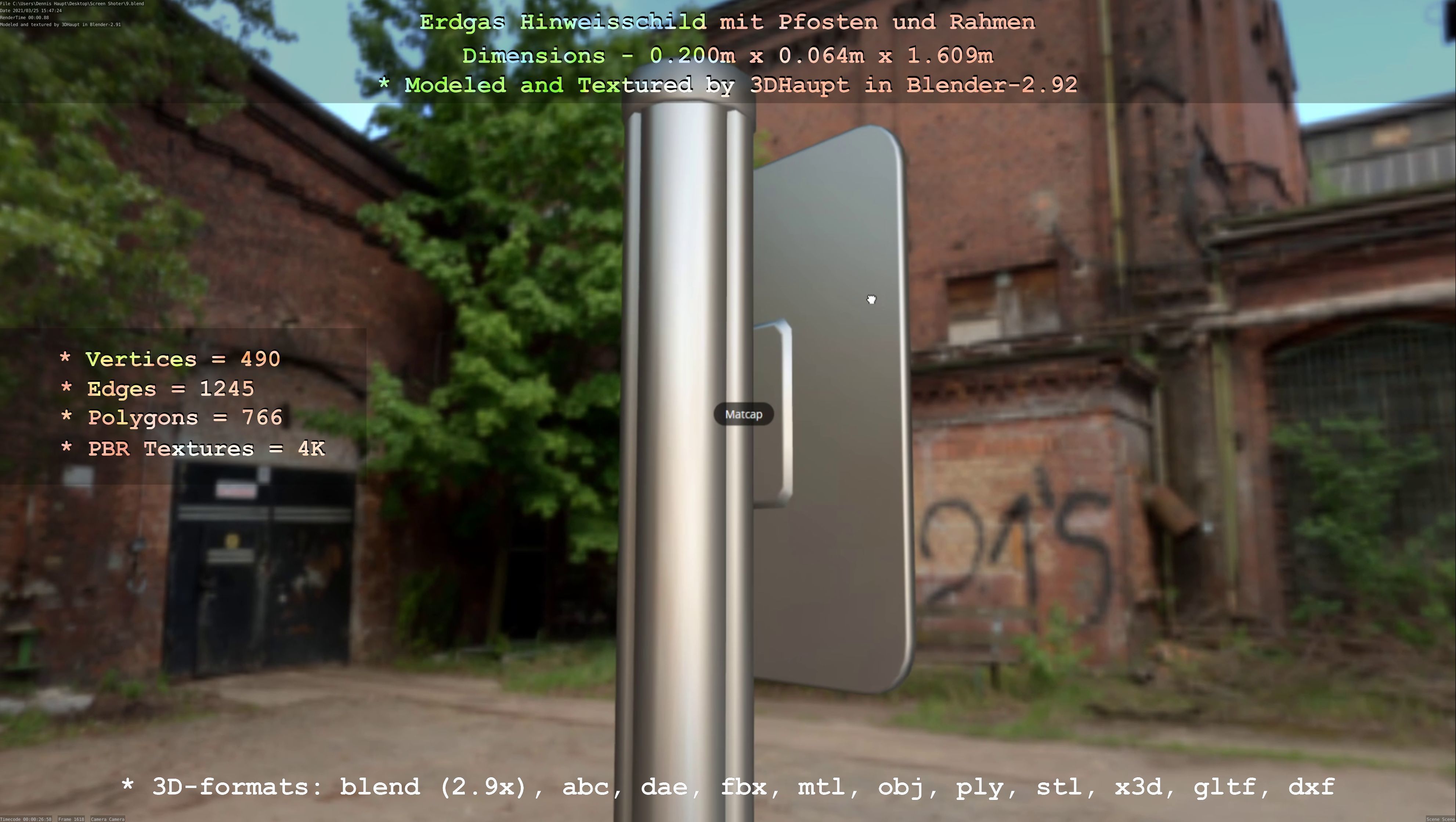 Hinweisschild Erdgas mit Pfosten und Rahmen Low-poly 3D model_34