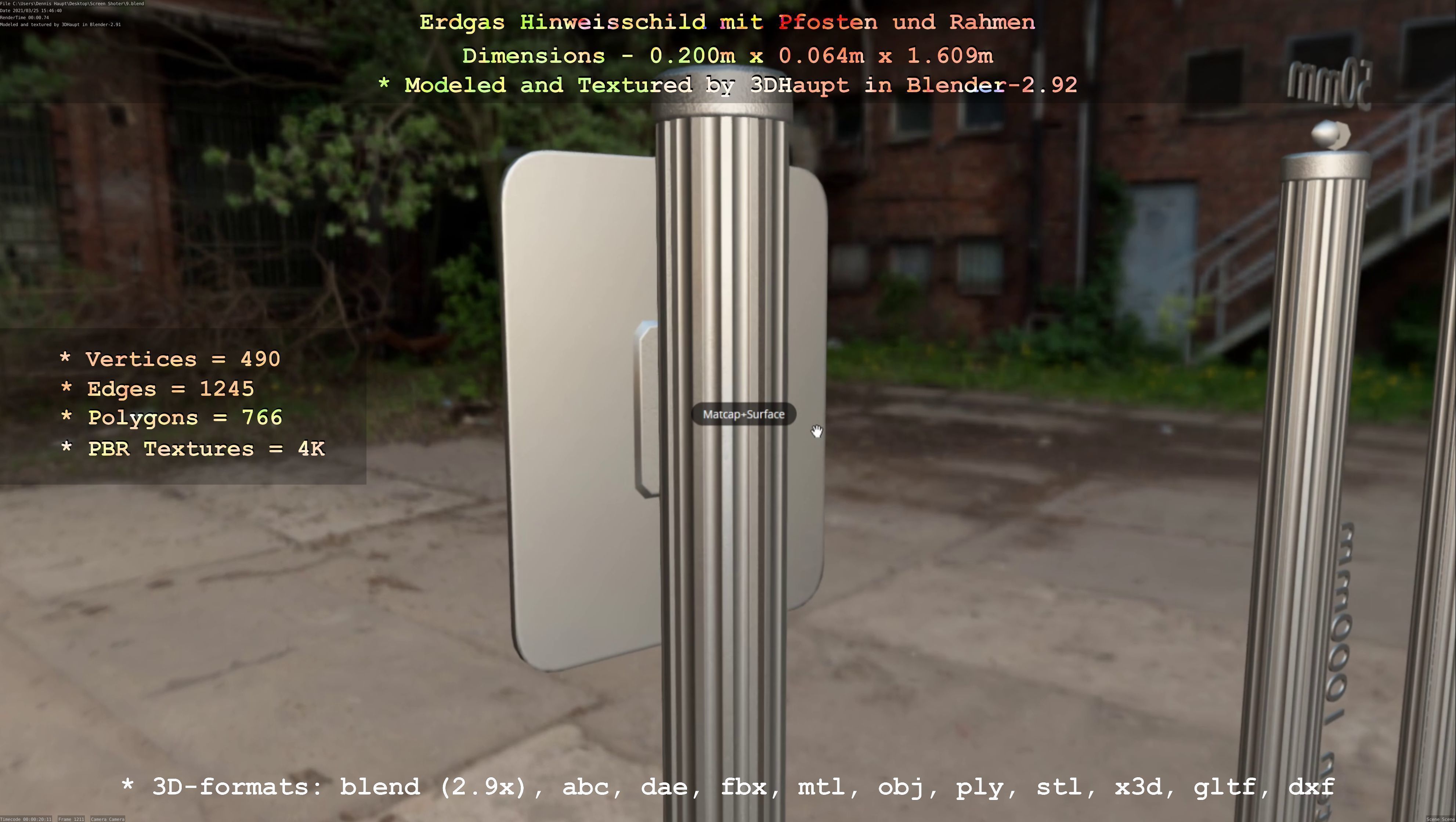 Hinweisschild Erdgas mit Pfosten und Rahmen Low-poly 3D model_31