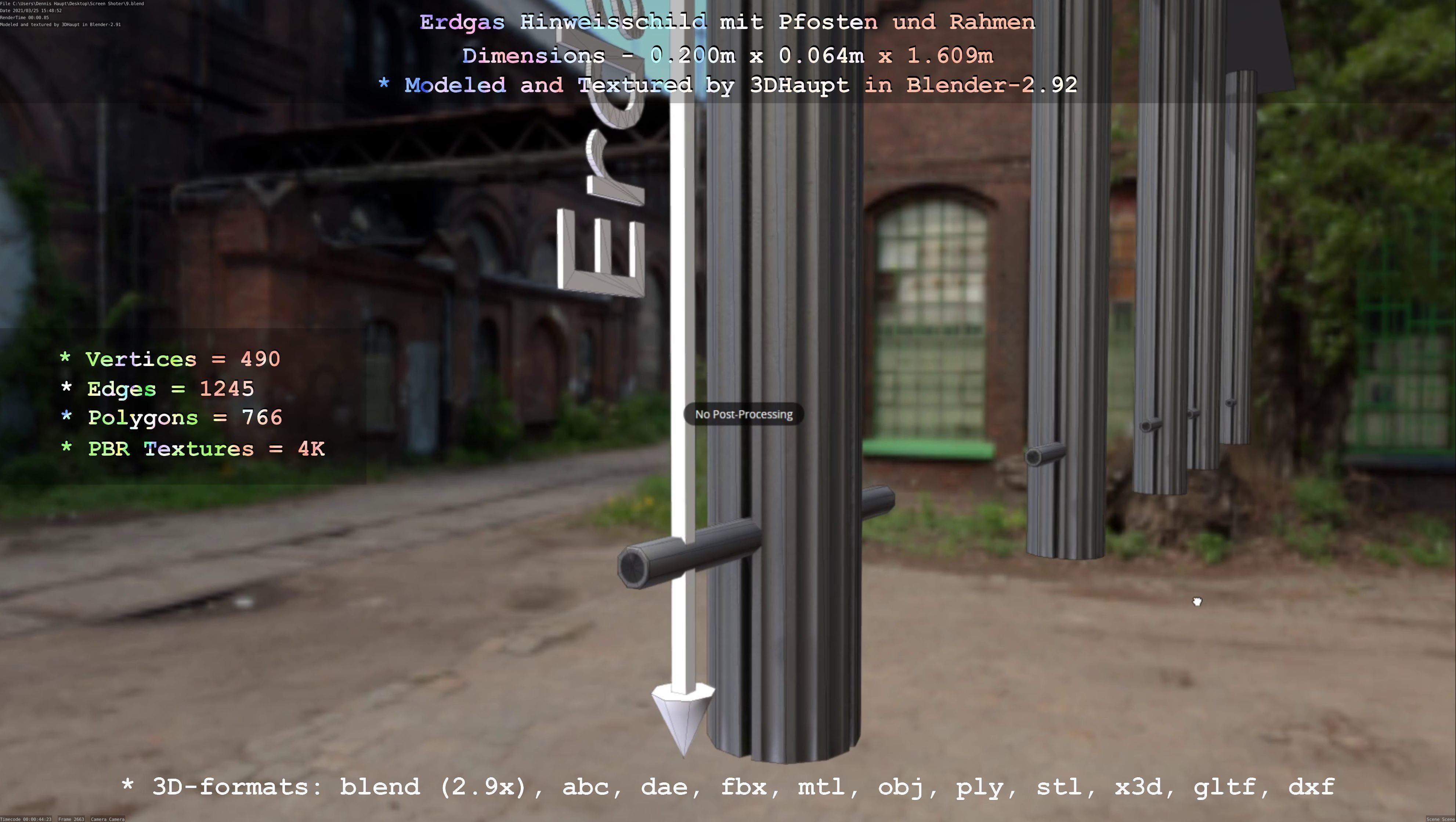 Hinweisschild Erdgas mit Pfosten und Rahmen Low-poly 3D model_53