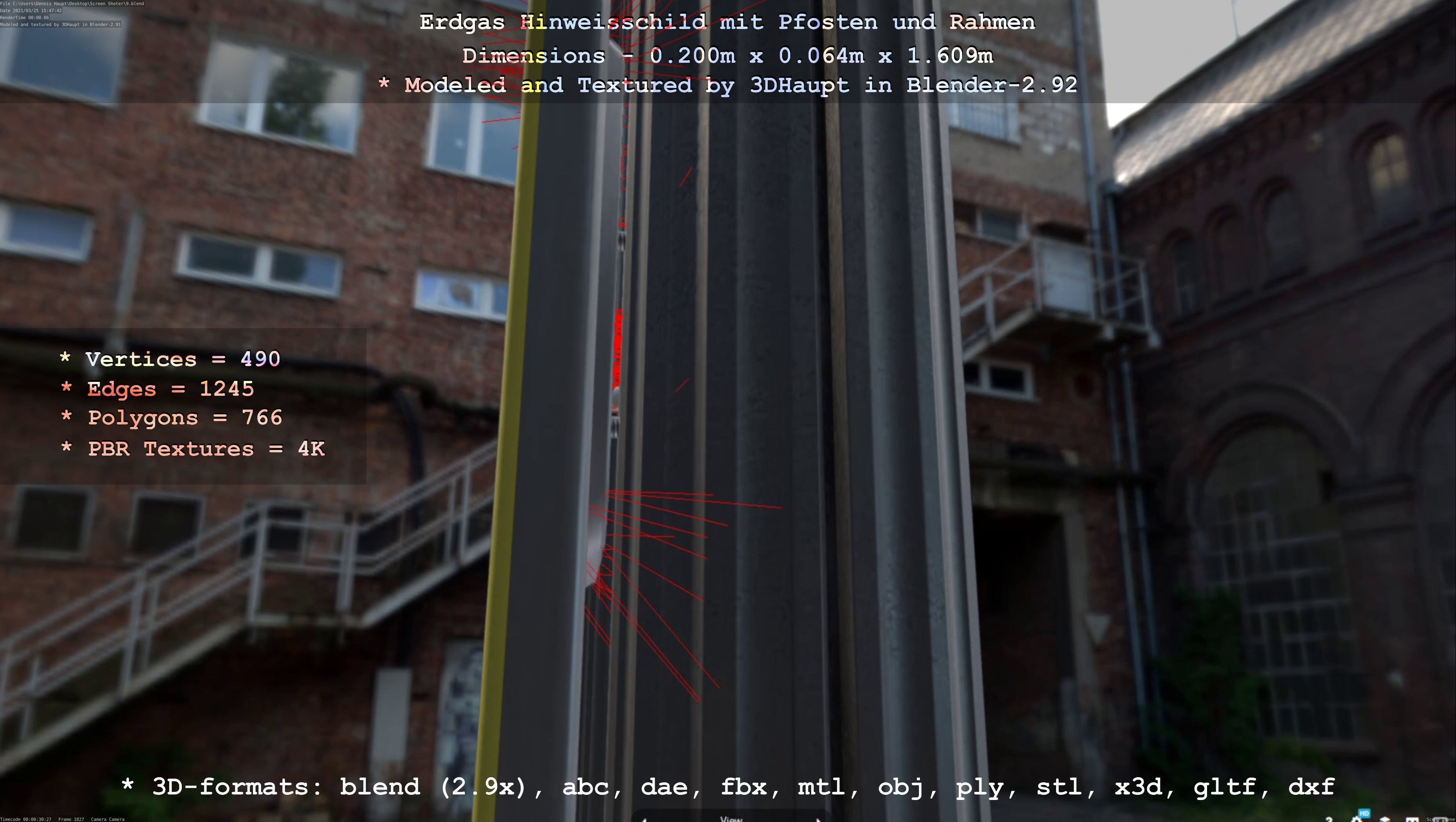 Hinweisschild Erdgas mit Pfosten und Rahmen Low-poly 3D model_88