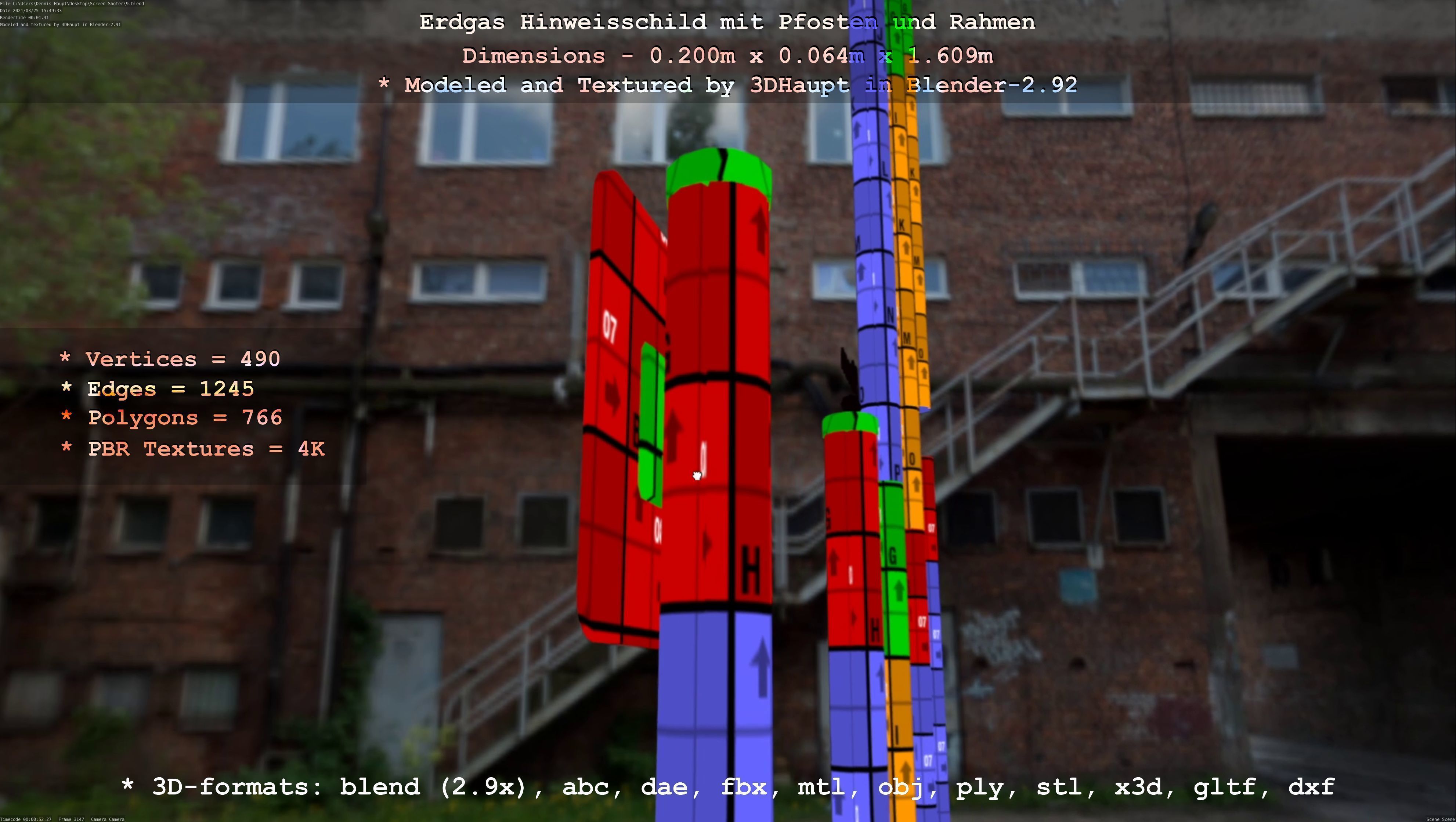 Hinweisschild Erdgas mit Pfosten und Rahmen Low-poly 3D model_48