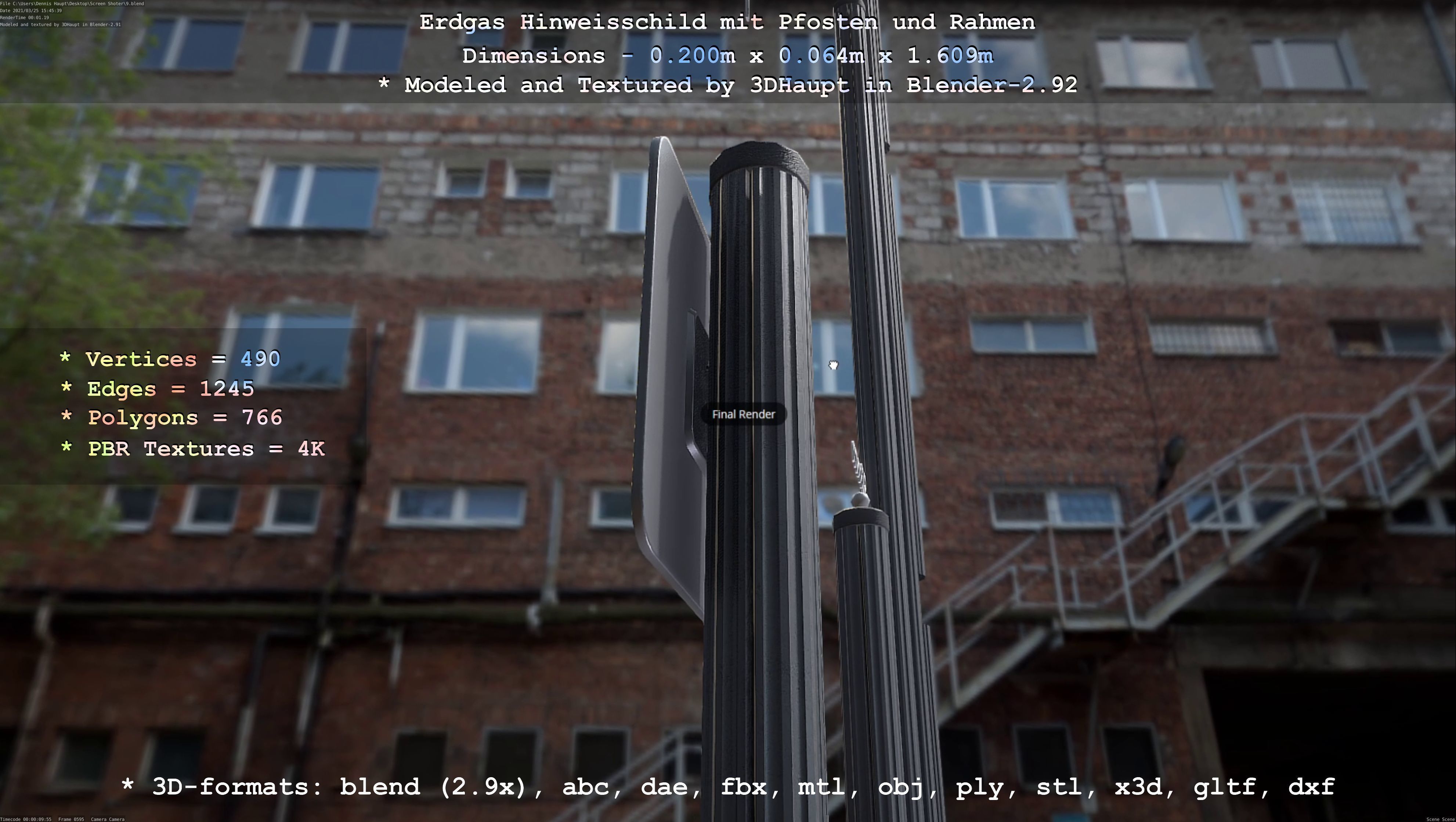 Hinweisschild Erdgas mit Pfosten und Rahmen Low-poly 3D model_76