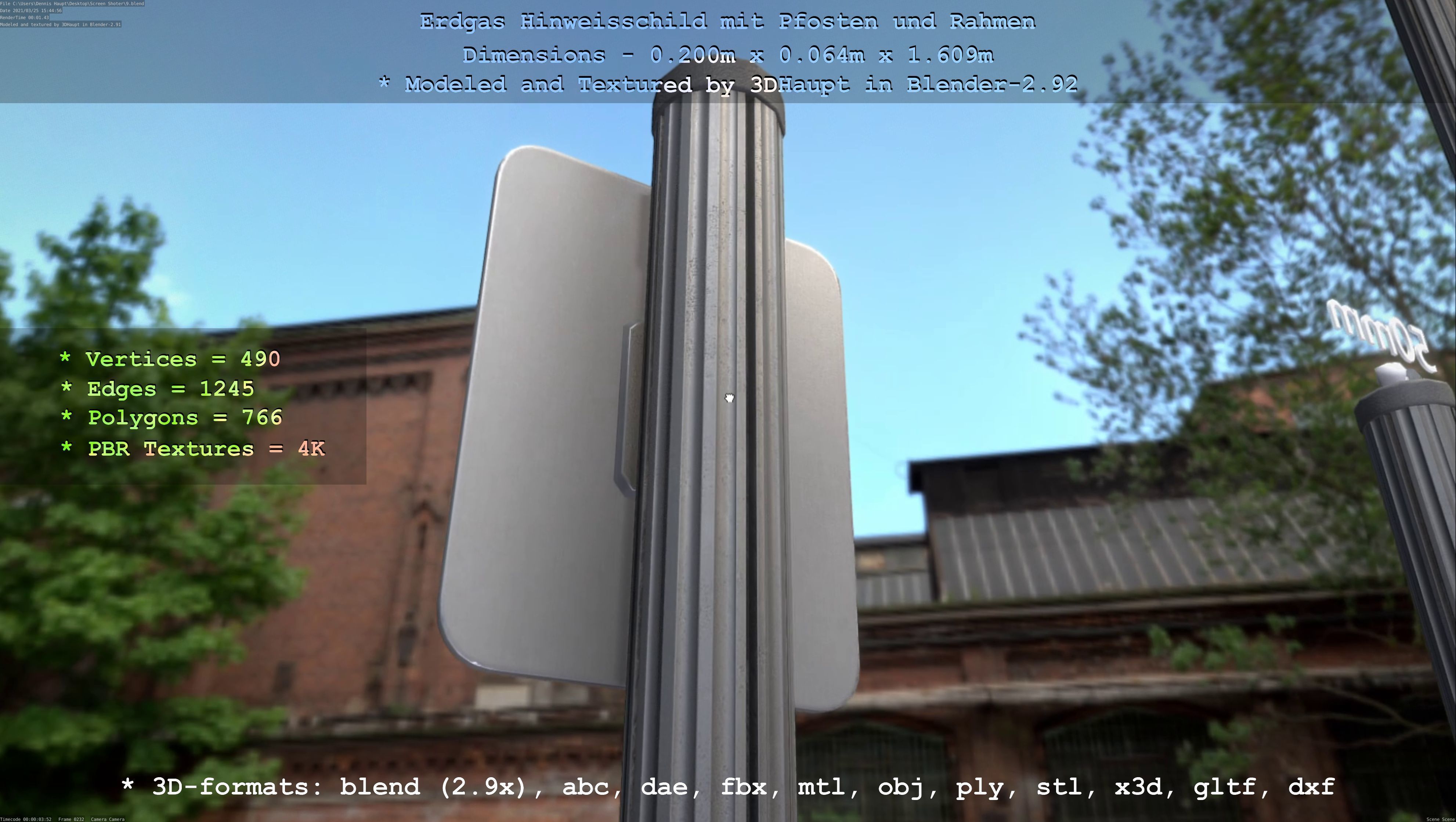 Hinweisschild Erdgas mit Pfosten und Rahmen Low-poly 3D model_18