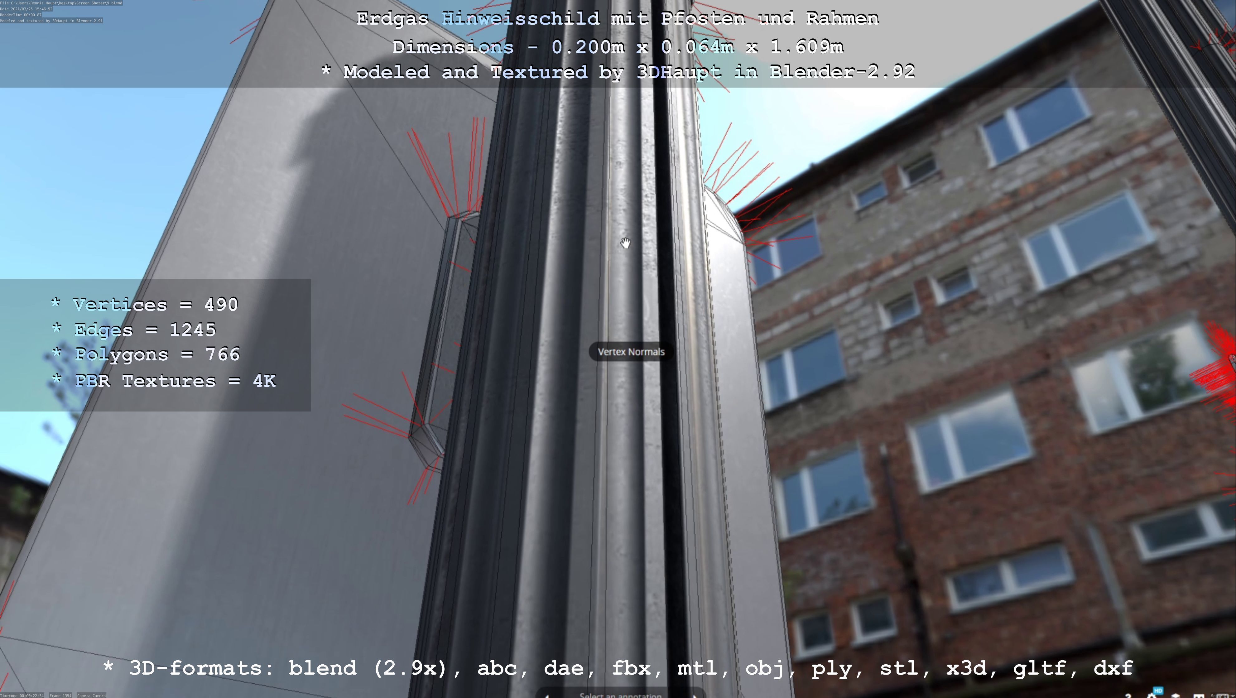 Hinweisschild Erdgas mit Pfosten und Rahmen Low-poly 3D model_2