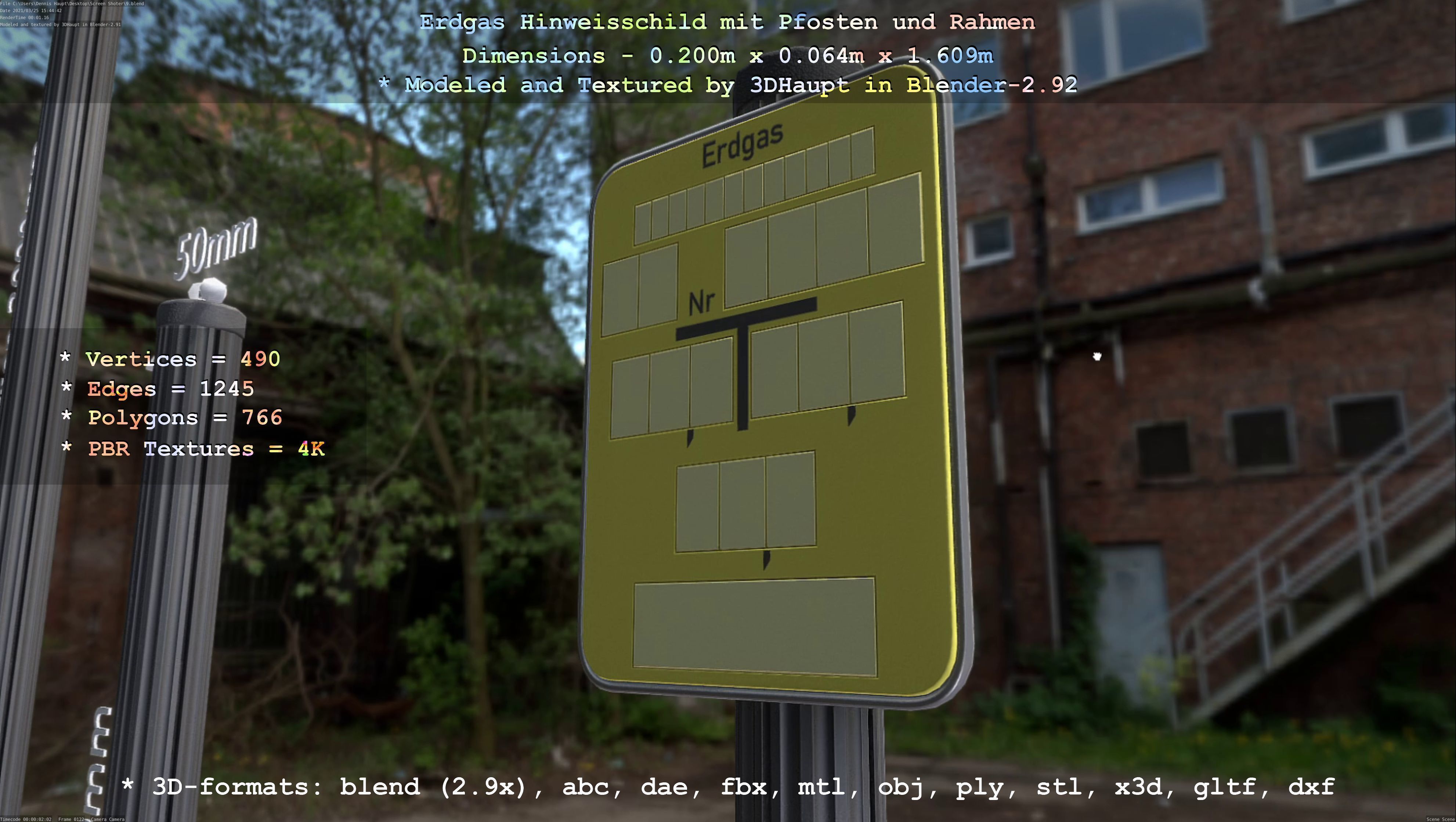 Hinweisschild Erdgas mit Pfosten und Rahmen Low-poly 3D model_17