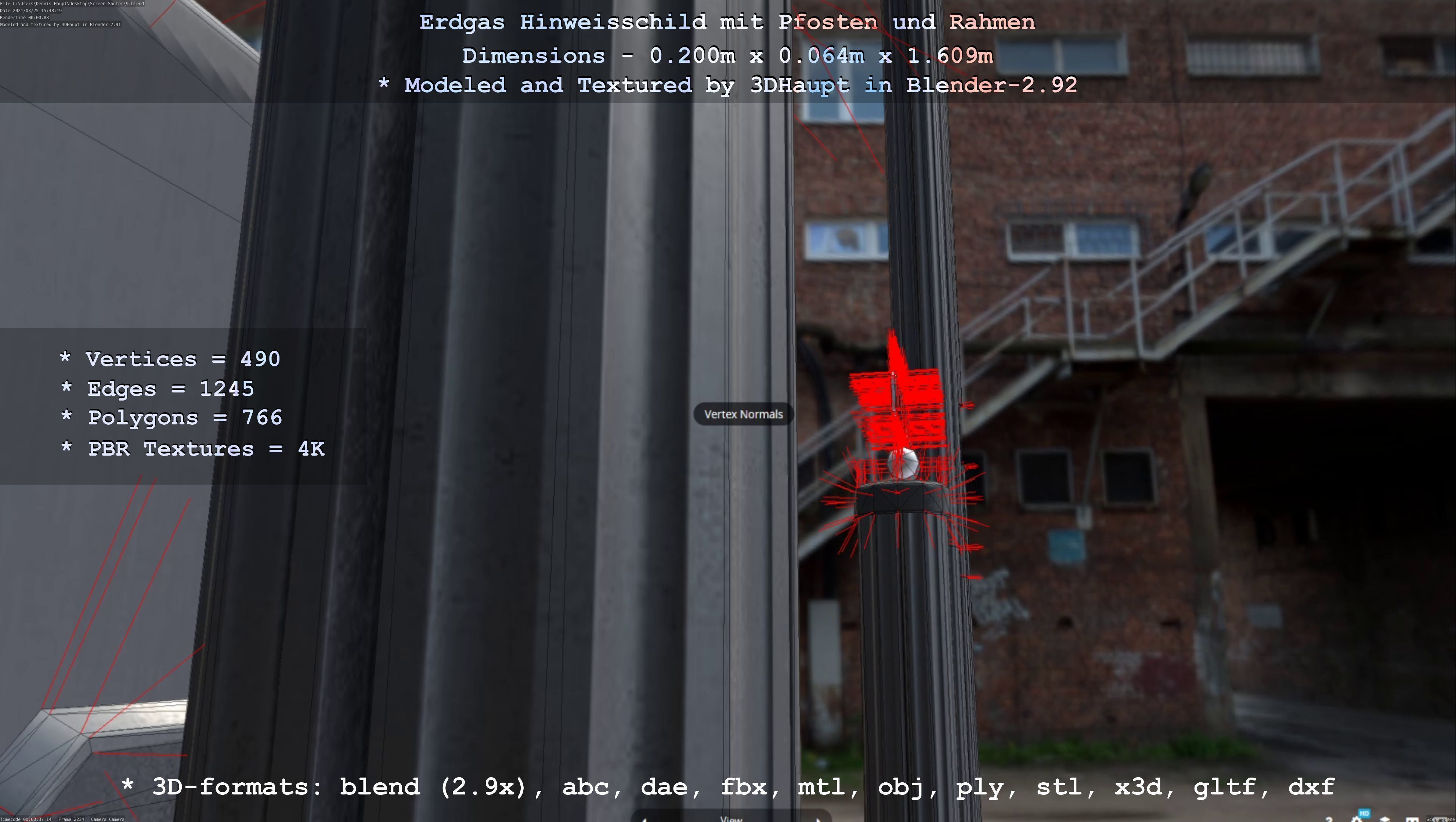 Hinweisschild Erdgas mit Pfosten und Rahmen Low-poly 3D model_75