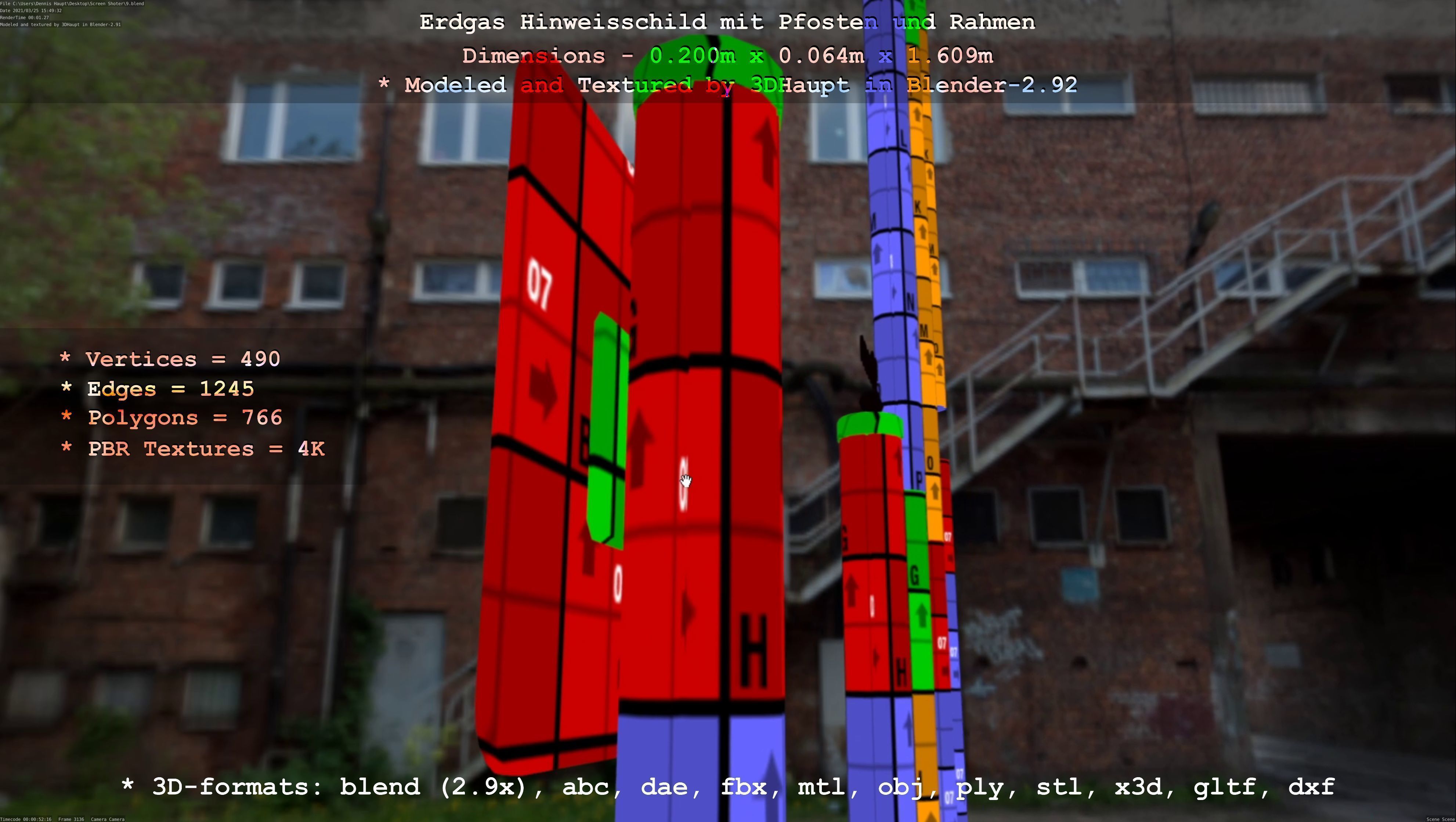 Hinweisschild Erdgas mit Pfosten und Rahmen Low-poly 3D model_61