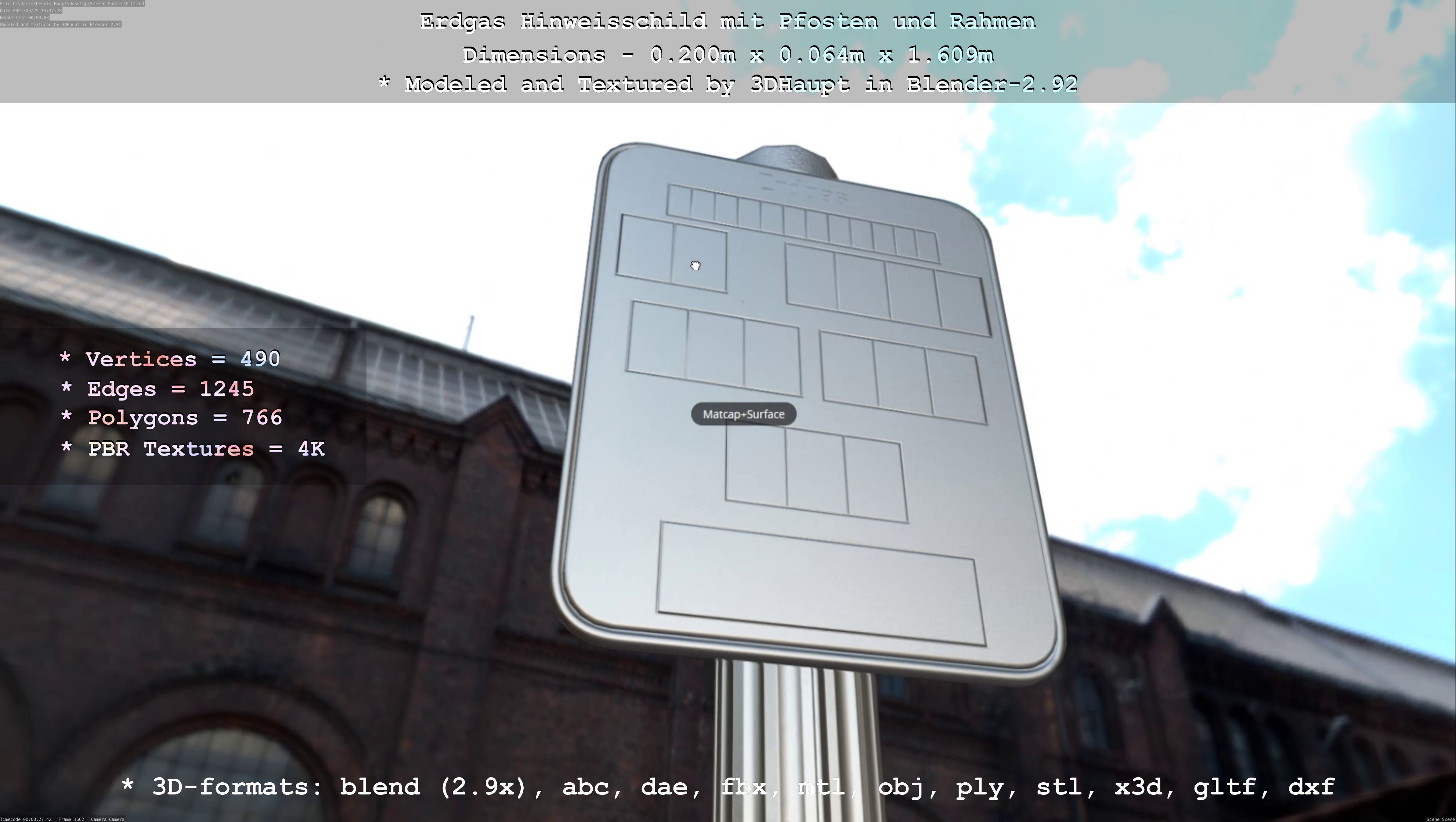 Hinweisschild Erdgas mit Pfosten und Rahmen Low-poly 3D model_35