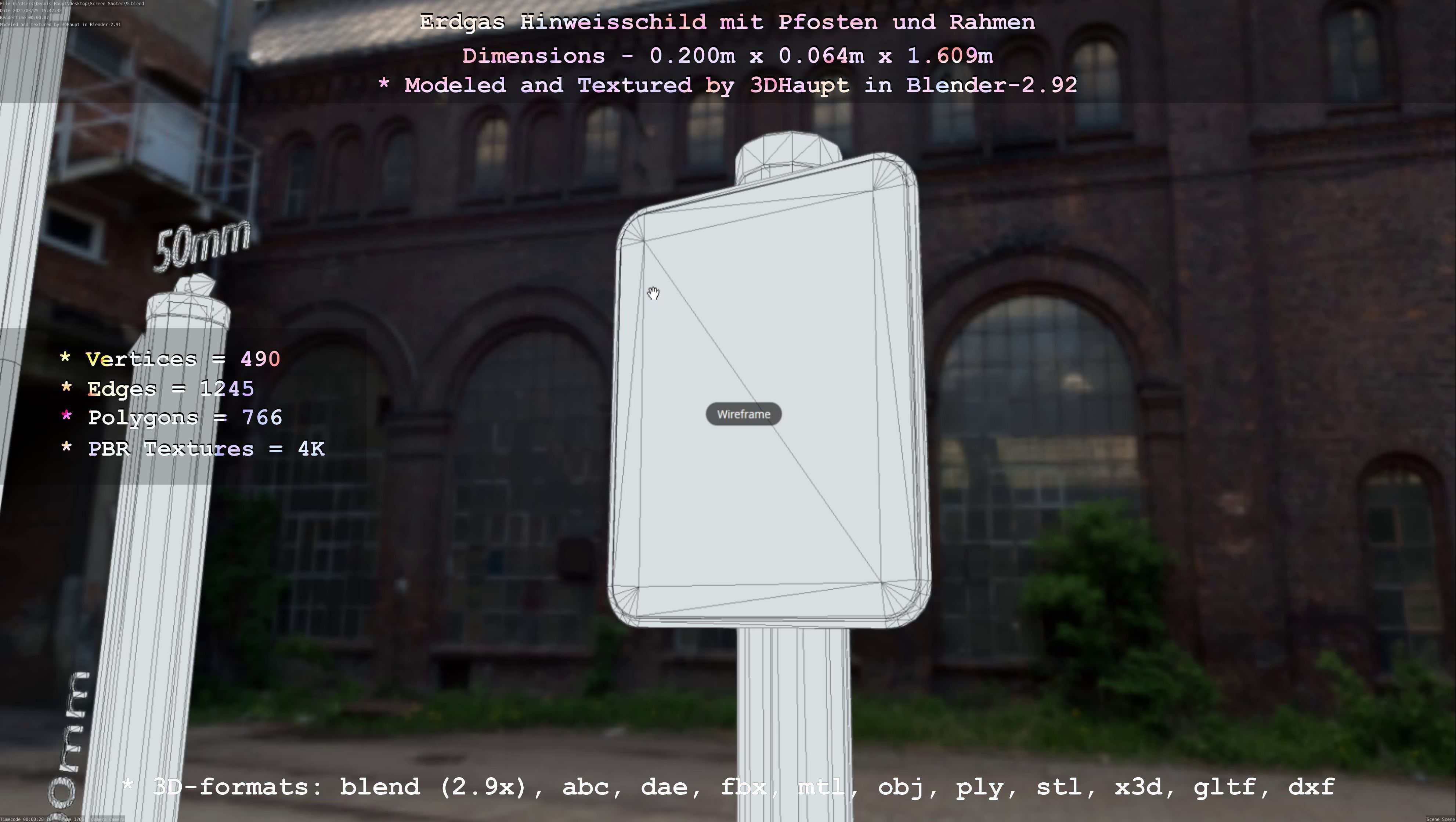 Hinweisschild Erdgas mit Pfosten und Rahmen Low-poly 3D model_92