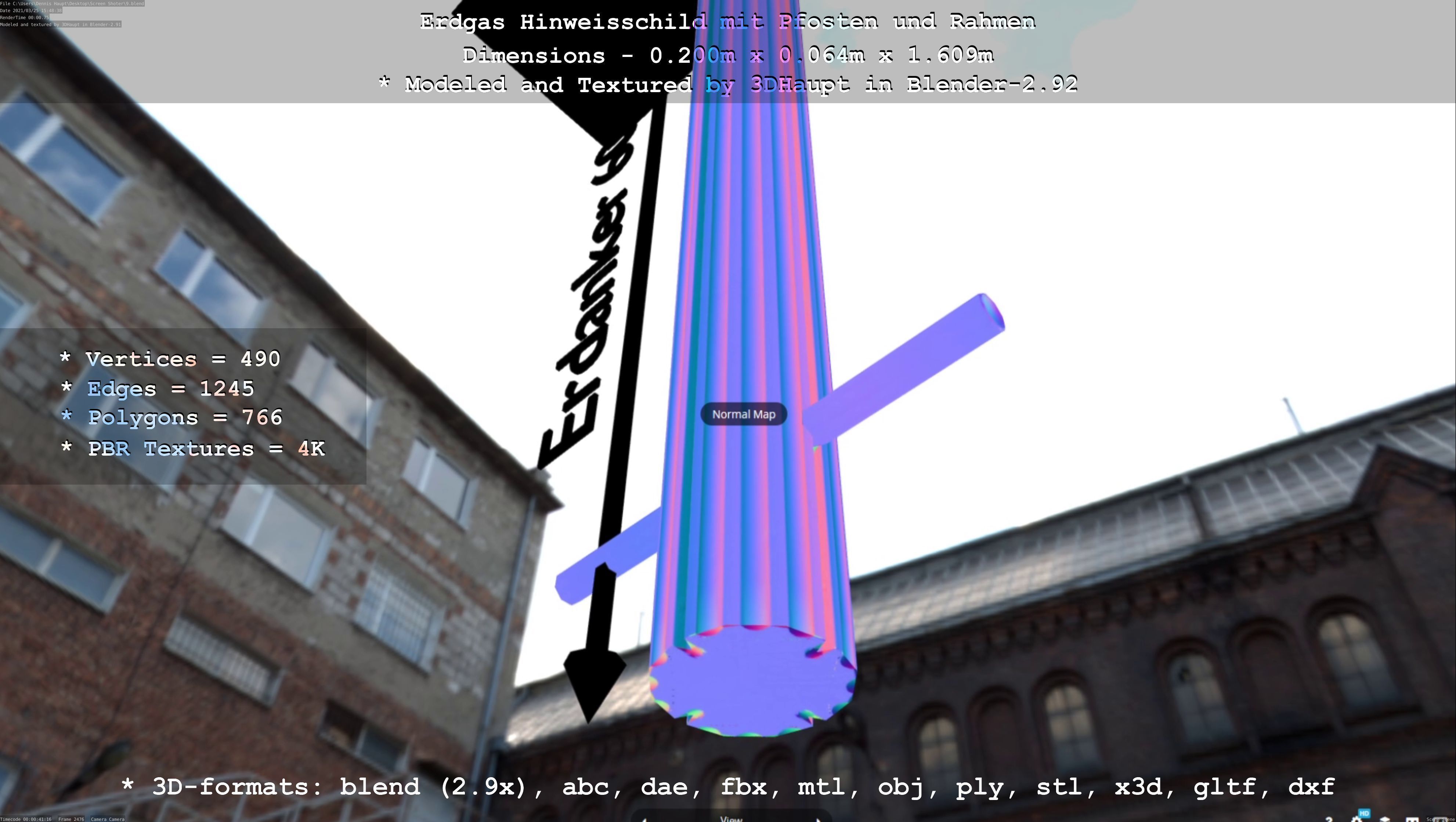 Hinweisschild Erdgas mit Pfosten und Rahmen Low-poly 3D model_6