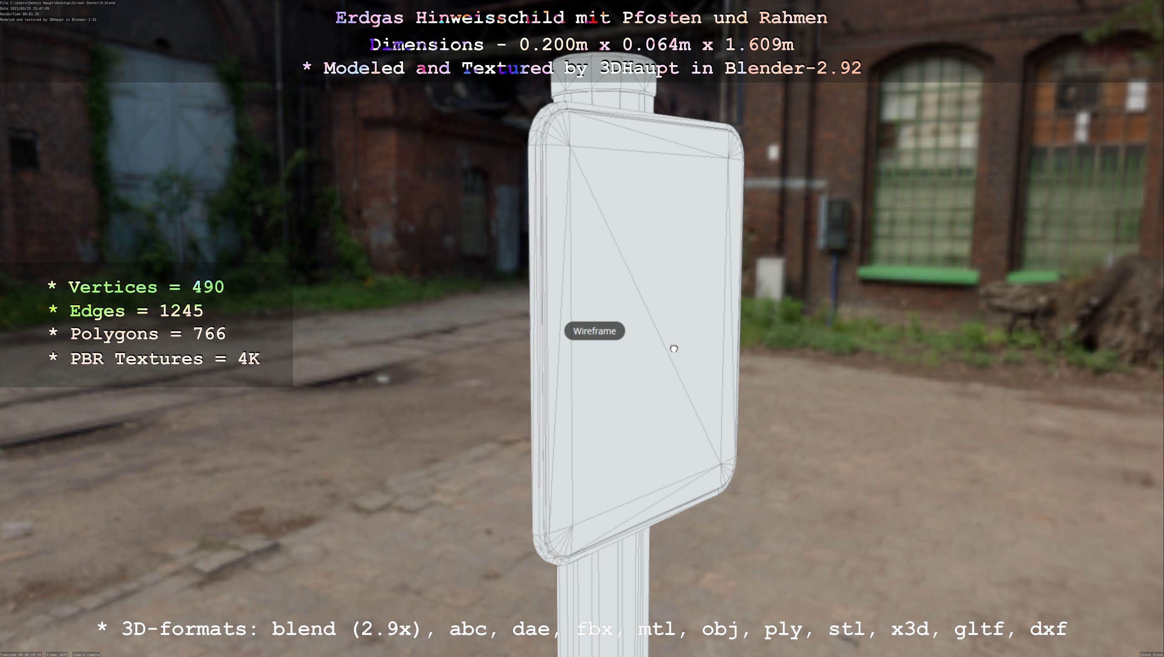 Hinweisschild Erdgas mit Pfosten und Rahmen Low-poly 3D model_74