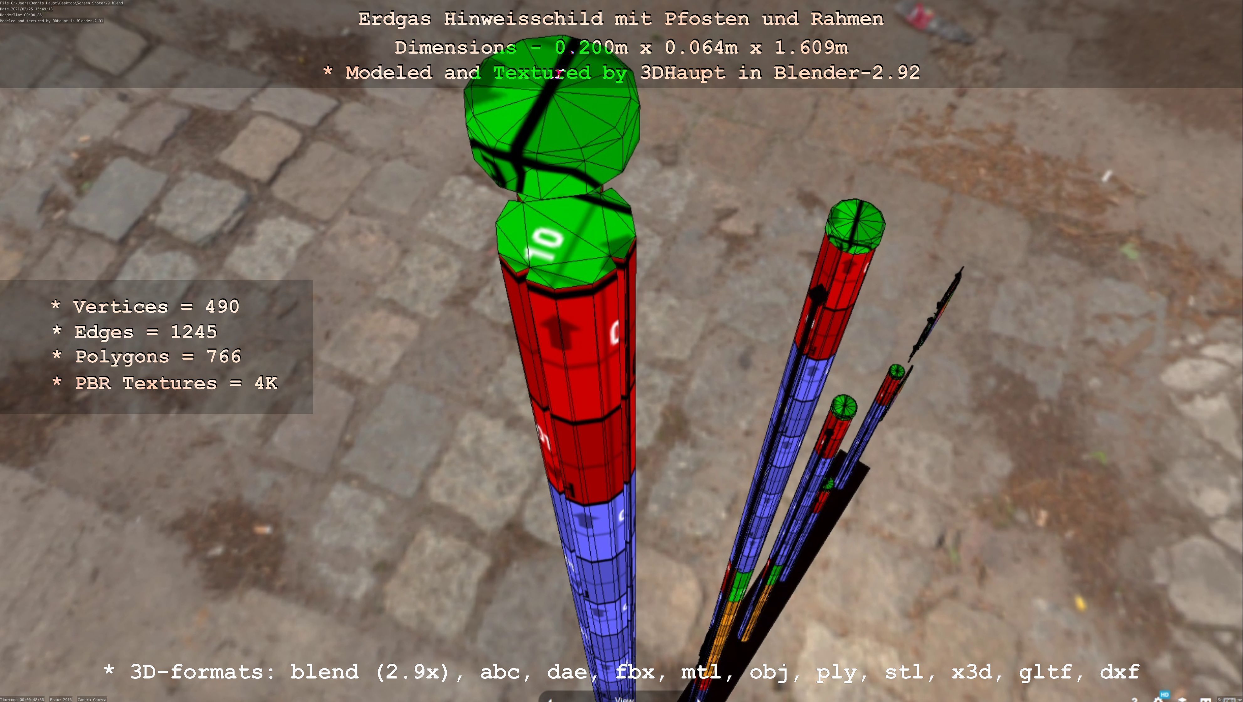 Hinweisschild Erdgas mit Pfosten und Rahmen Low-poly 3D model_8