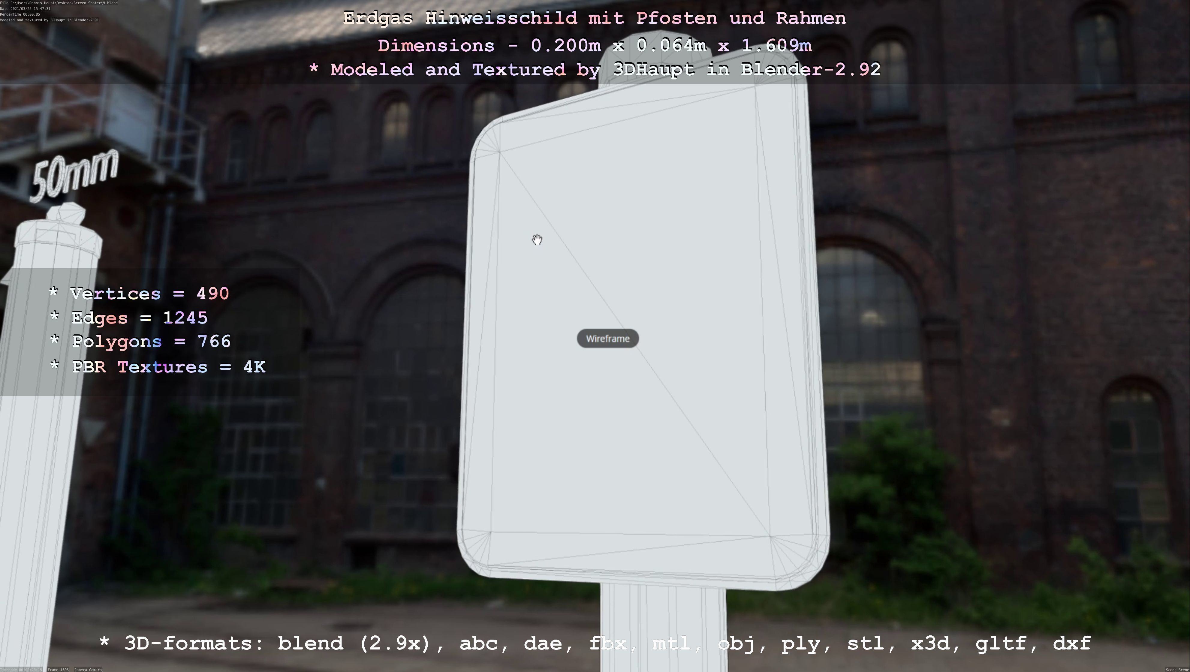 Hinweisschild Erdgas mit Pfosten und Rahmen Low-poly 3D model_65