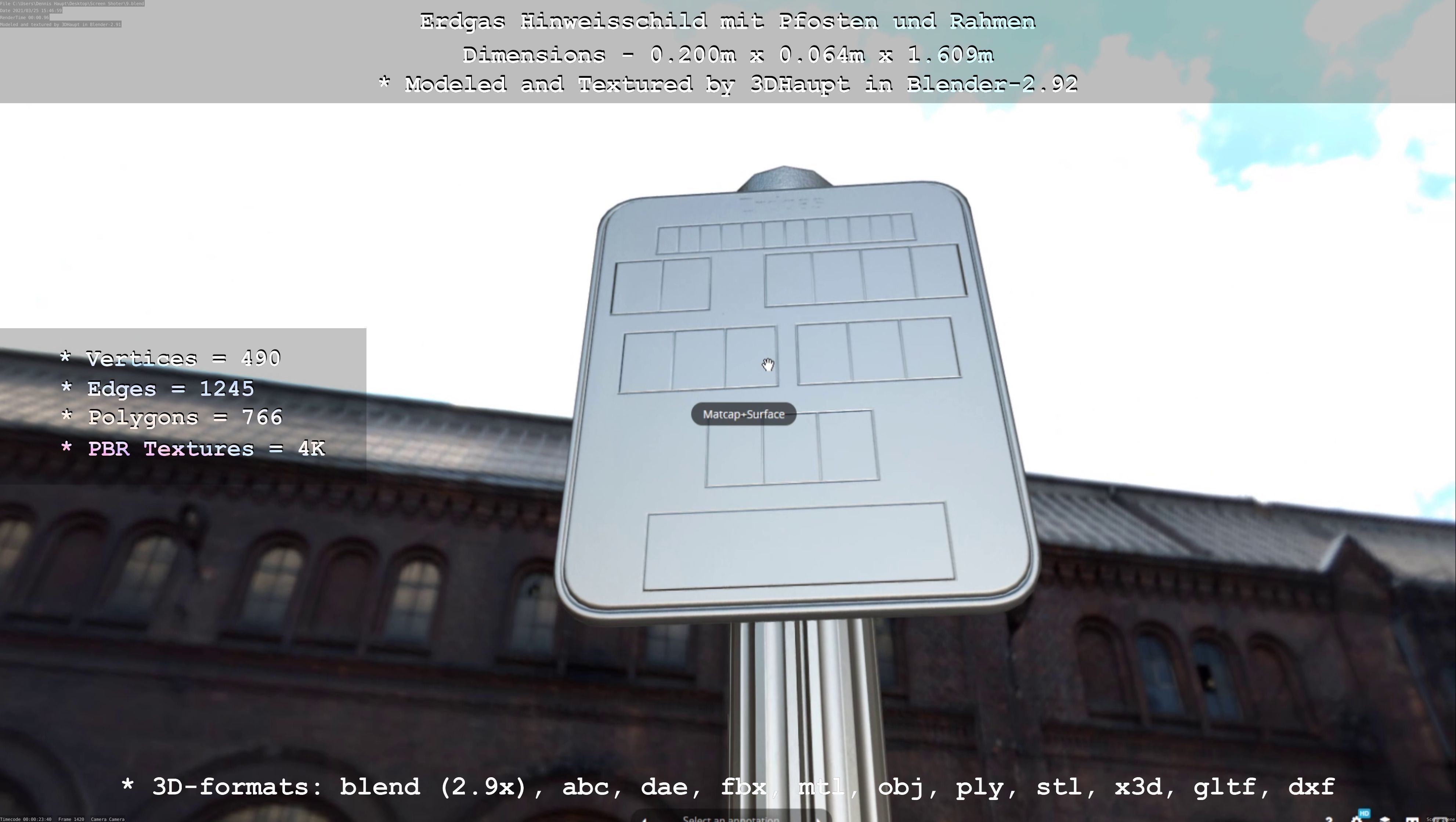 Hinweisschild Erdgas mit Pfosten und Rahmen Low-poly 3D model_13