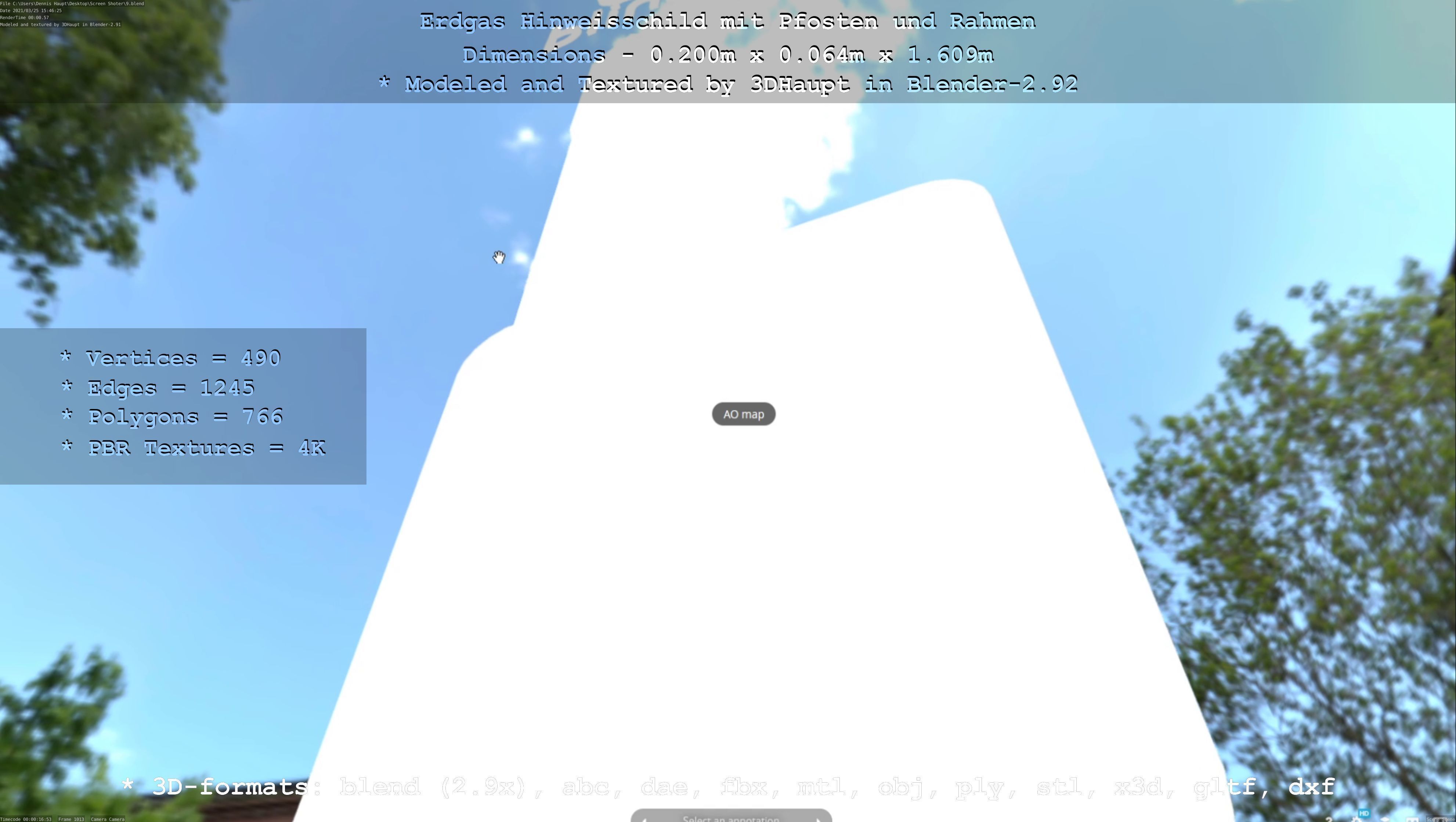 Hinweisschild Erdgas mit Pfosten und Rahmen Low-poly 3D model_60