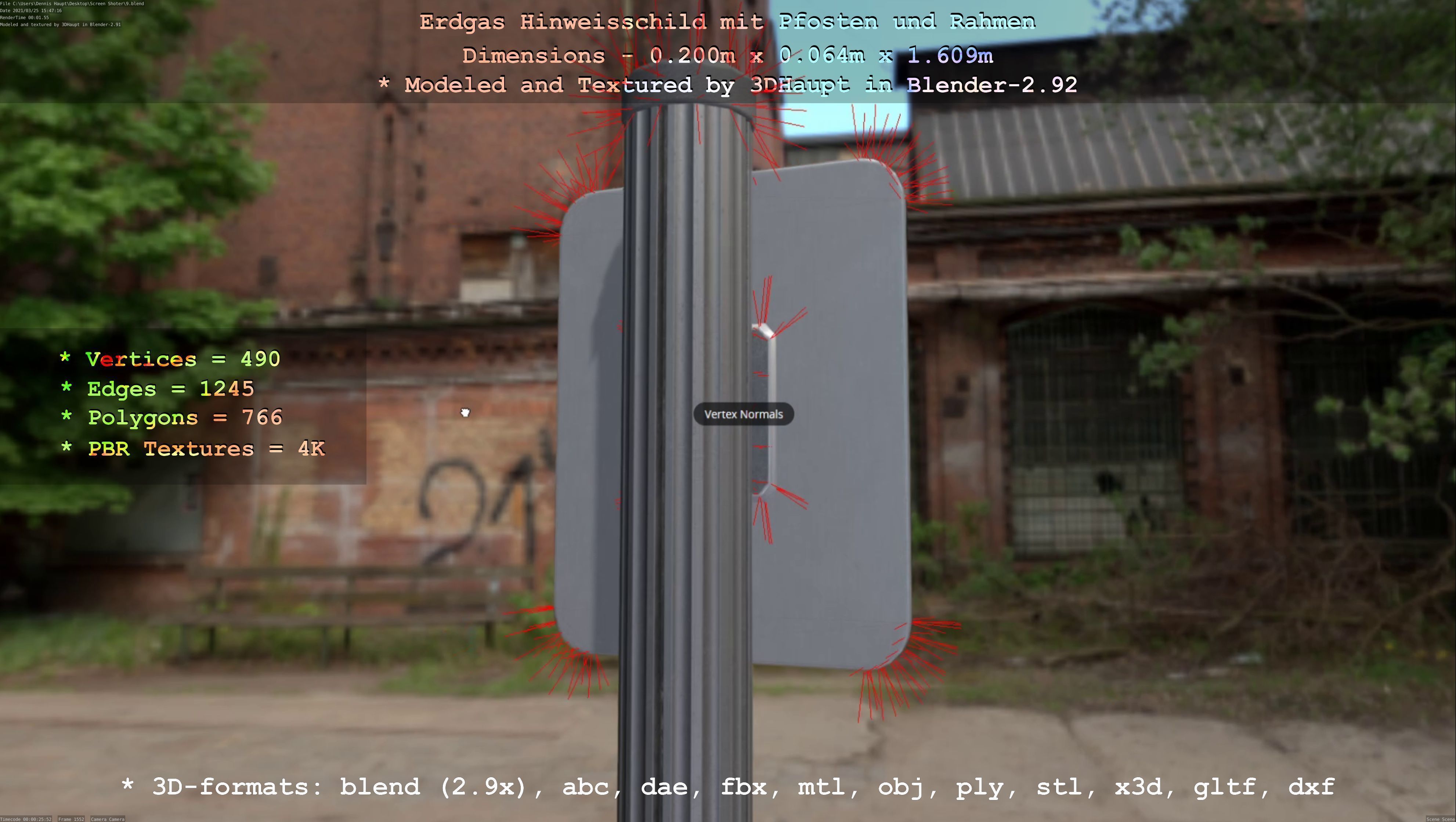 Hinweisschild Erdgas mit Pfosten und Rahmen Low-poly 3D model_33