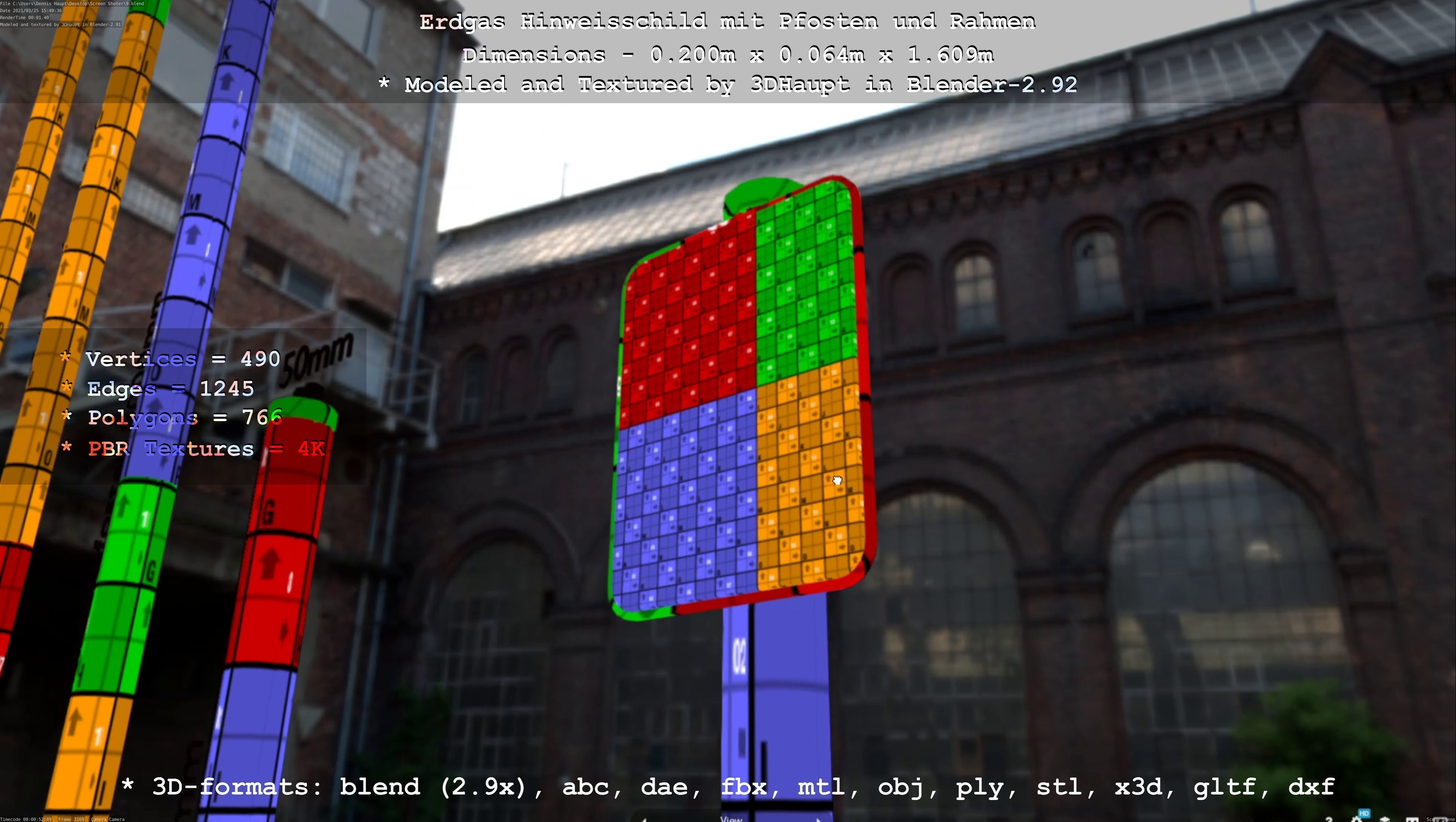 Hinweisschild Erdgas mit Pfosten und Rahmen Low-poly 3D model_9