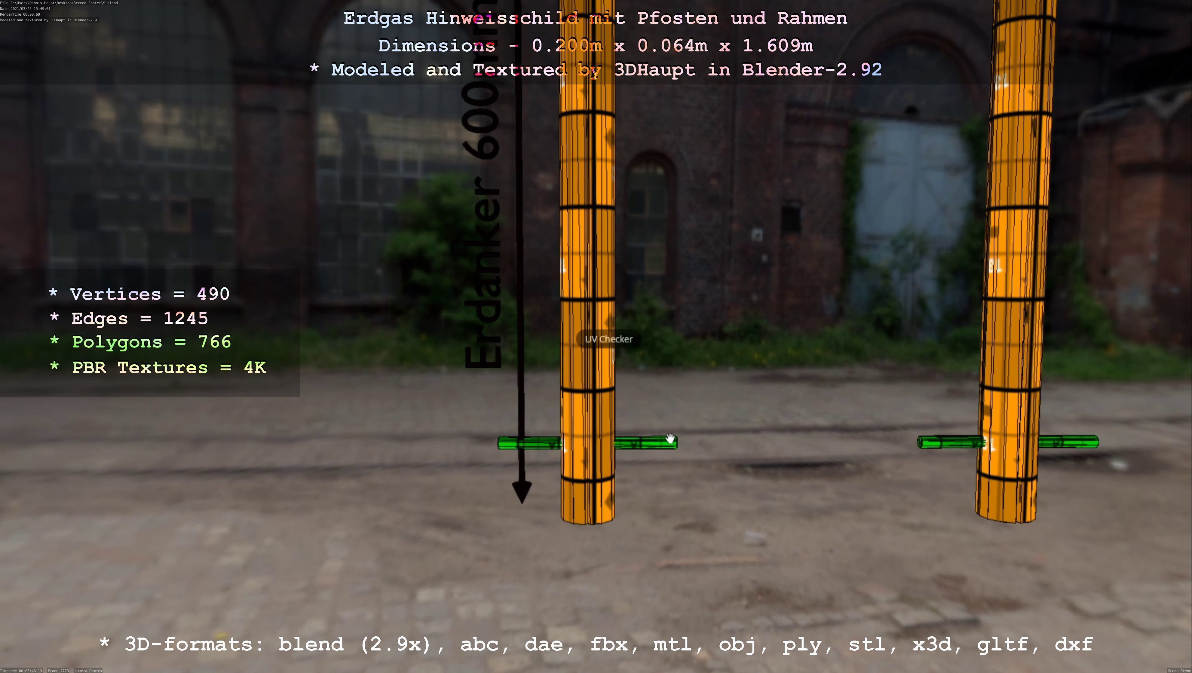 Hinweisschild Erdgas mit Pfosten und Rahmen Low-poly 3D model_57