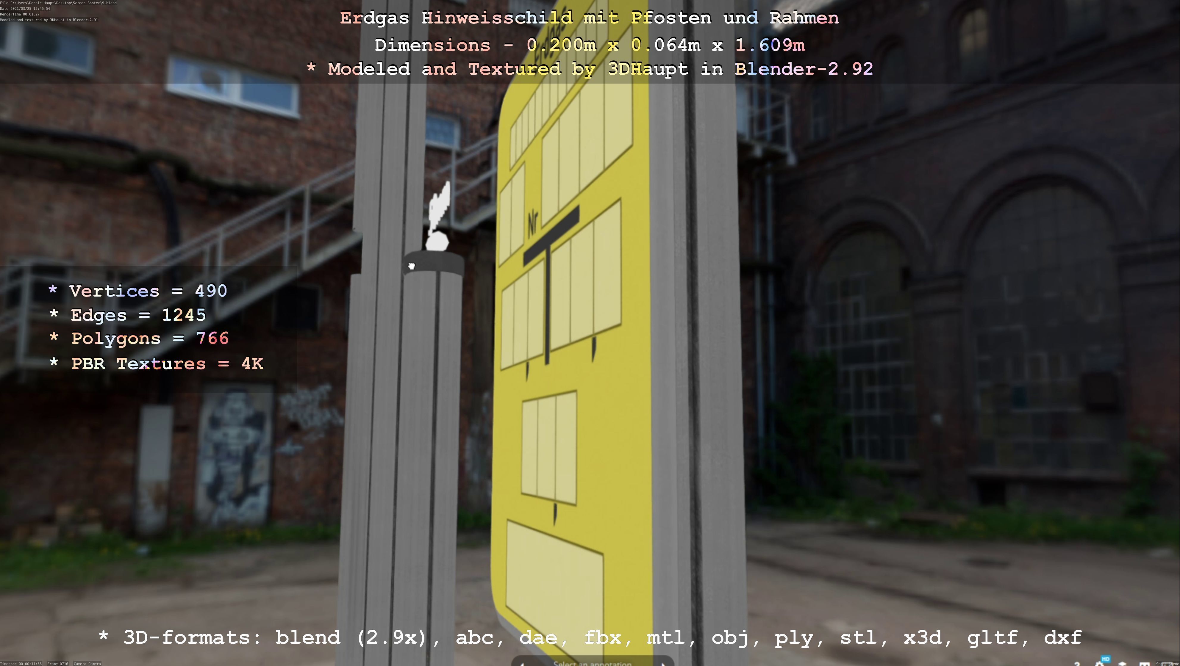 Hinweisschild Erdgas mit Pfosten und Rahmen Low-poly 3D model_26