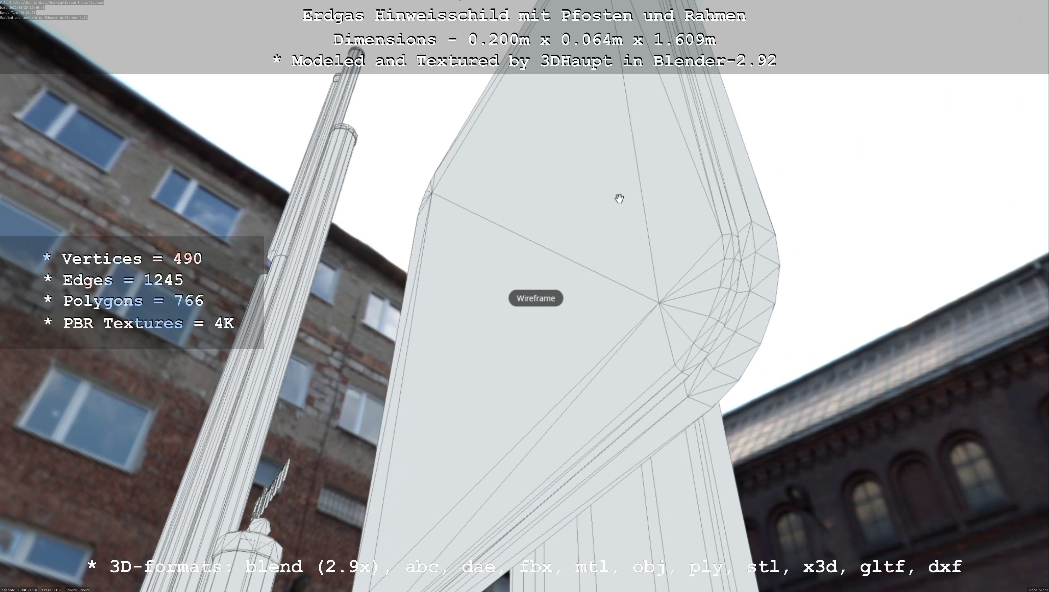 Hinweisschild Erdgas mit Pfosten und Rahmen Low-poly 3D model_32