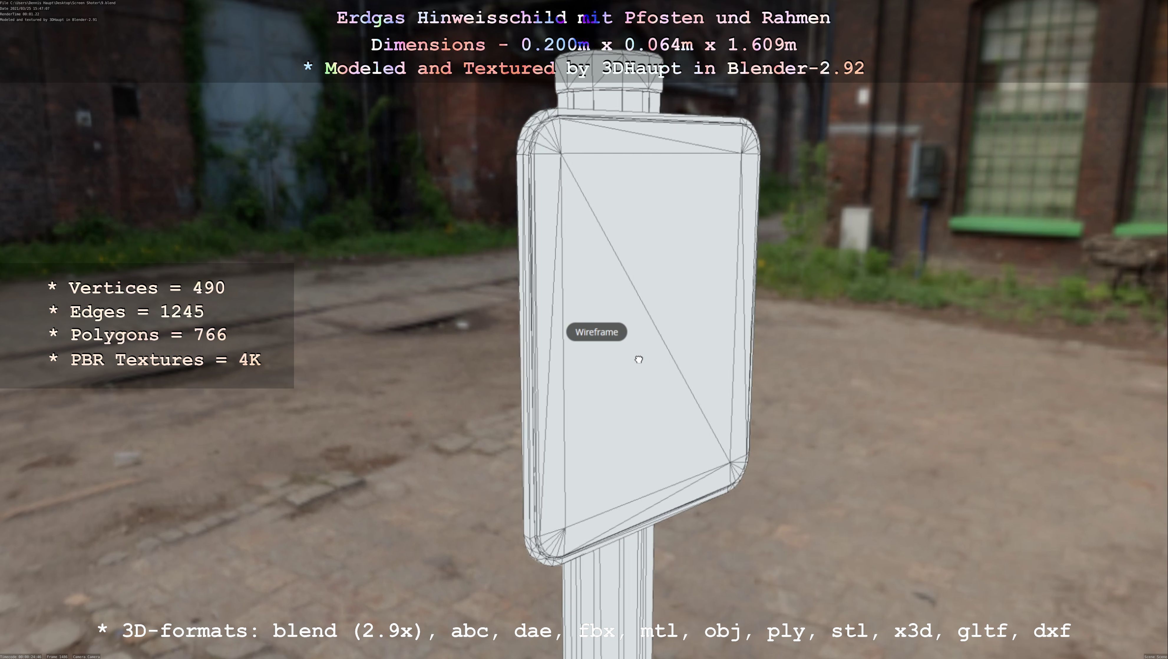 Hinweisschild Erdgas mit Pfosten und Rahmen Low-poly 3D model_24