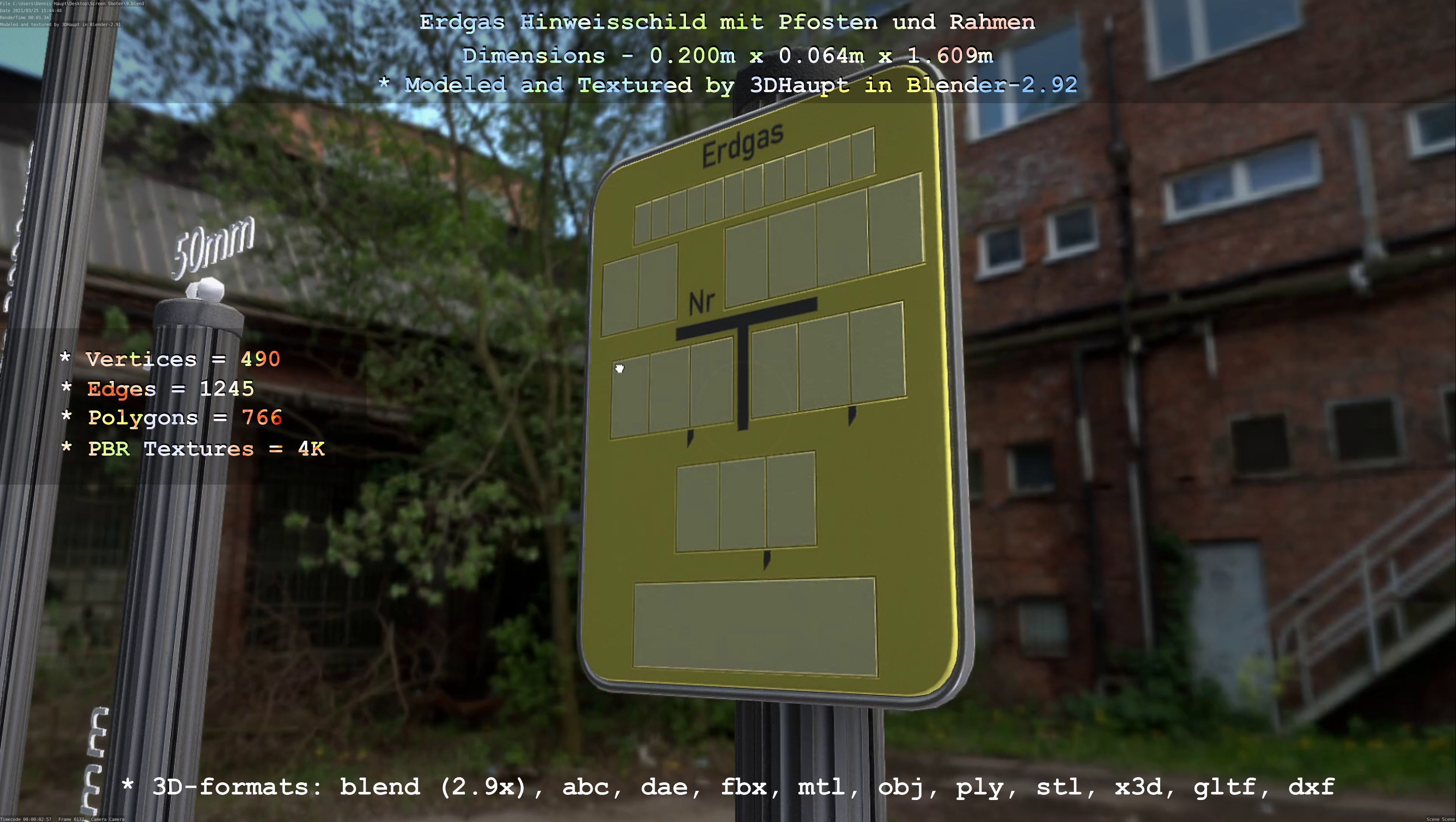 Hinweisschild Erdgas mit Pfosten und Rahmen Low-poly 3D model_86