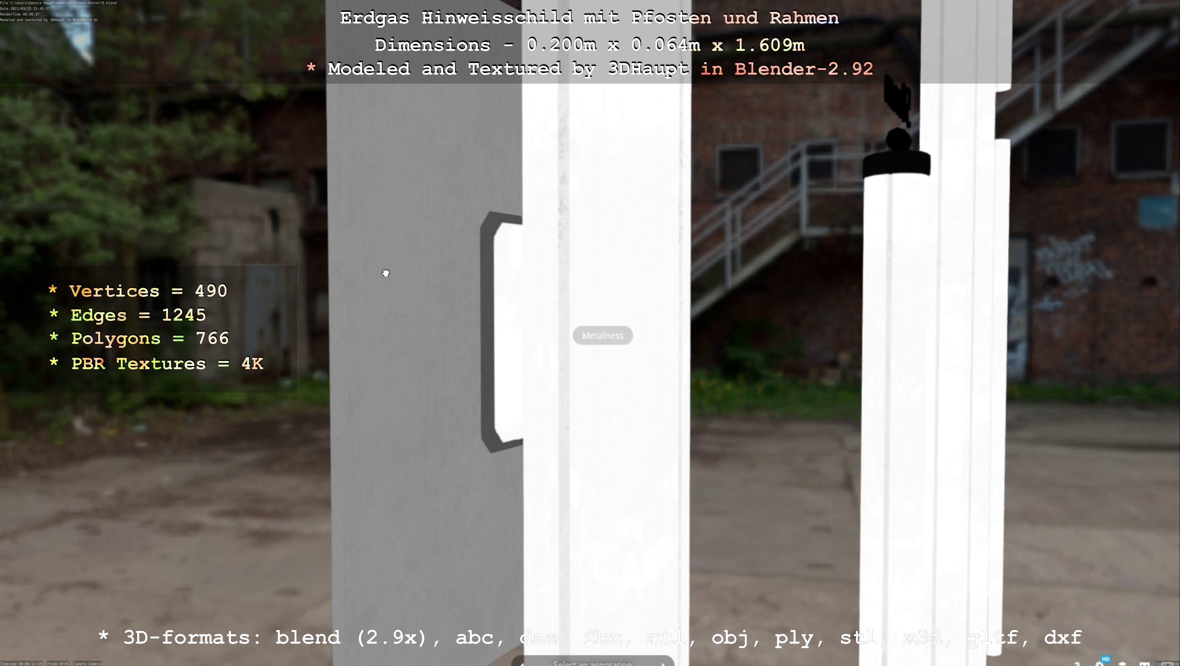 Hinweisschild Erdgas mit Pfosten und Rahmen Low-poly 3D model_27