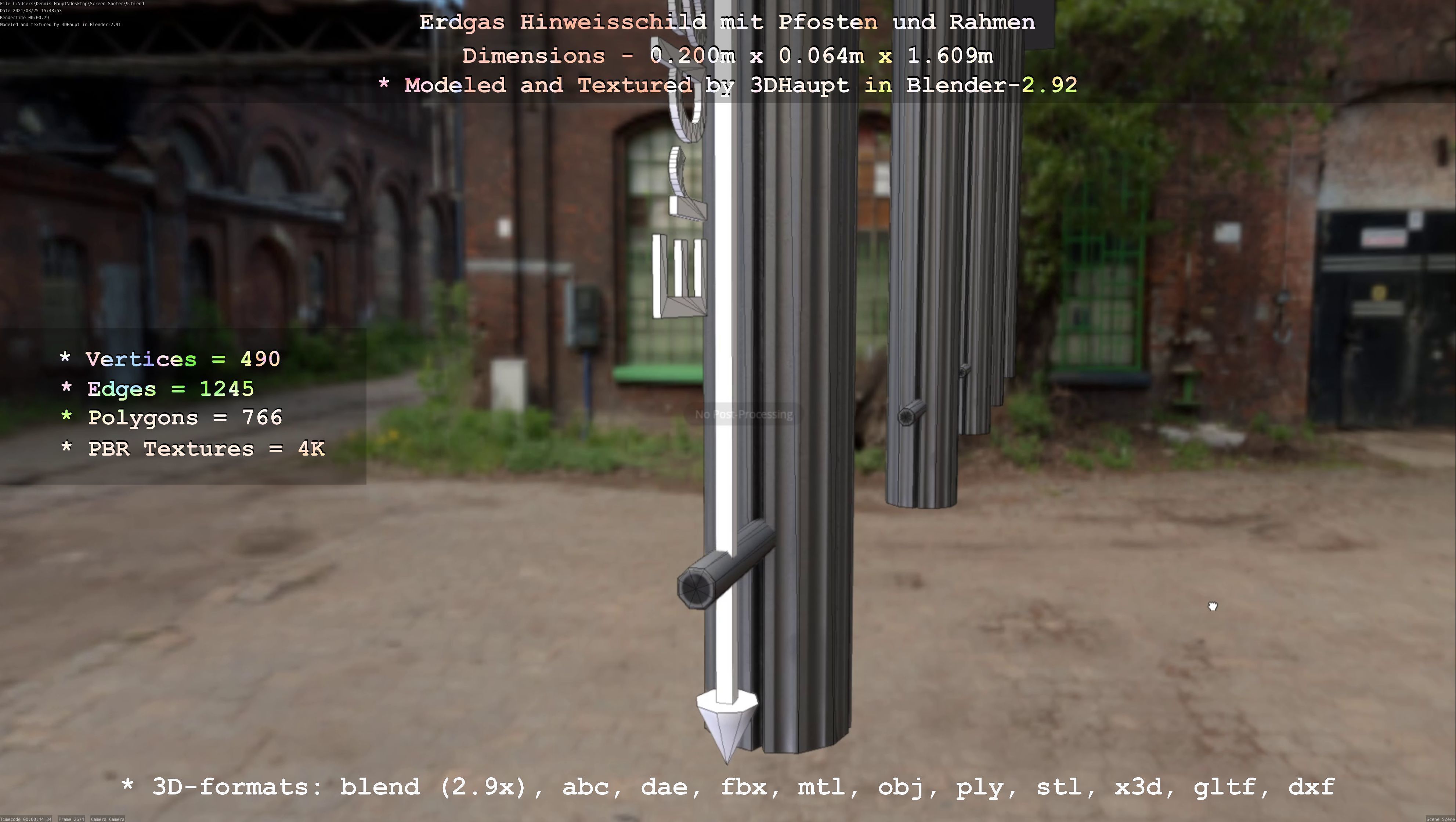 Hinweisschild Erdgas mit Pfosten und Rahmen Low-poly 3D model_82